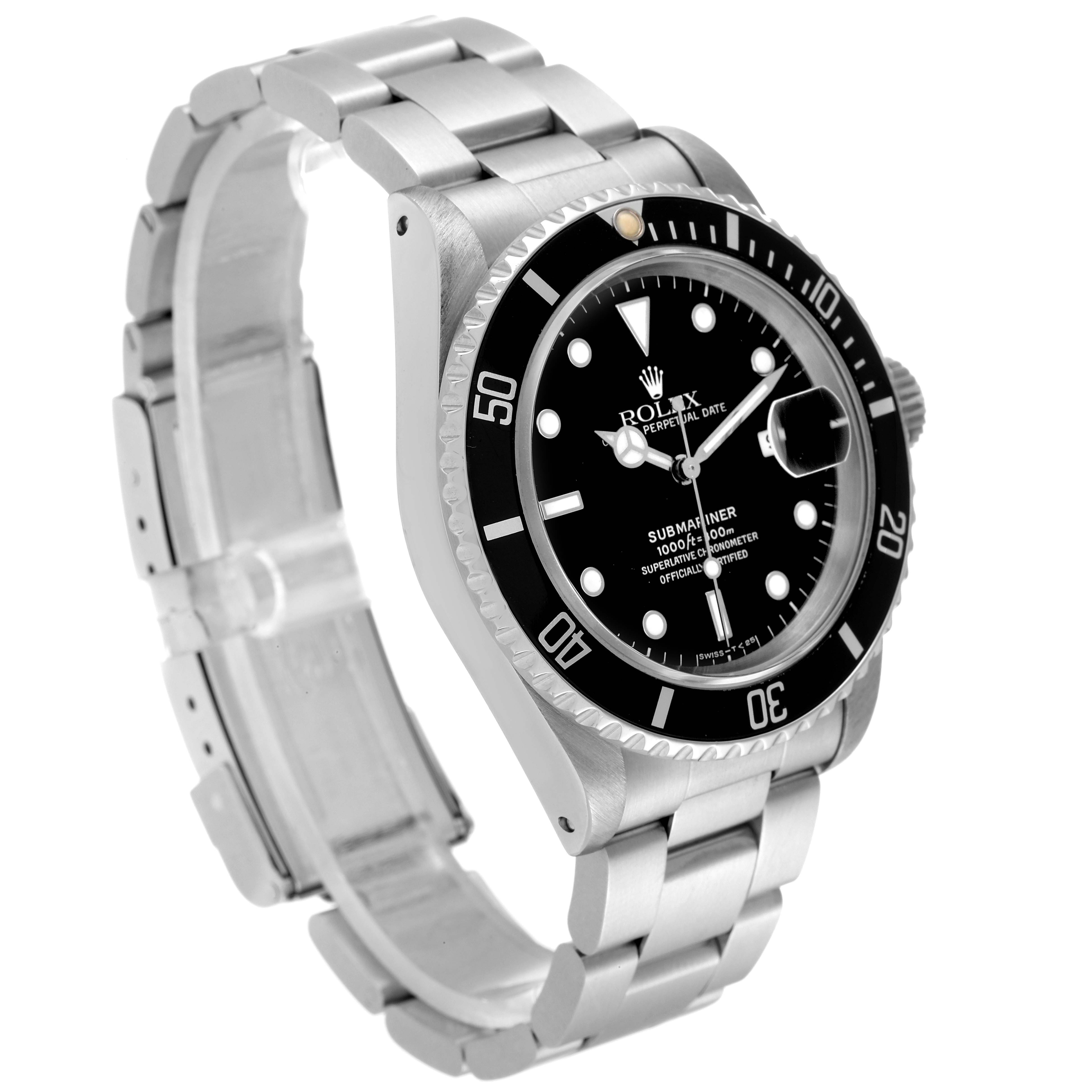 This image shows a Rolex Submariner 16610 Men
s Stainless Steel Black Dial 16610 Men
s Stainless Steel Black Dial watch at a three-quarter angle, displaying its face, bezel, and bracelet.