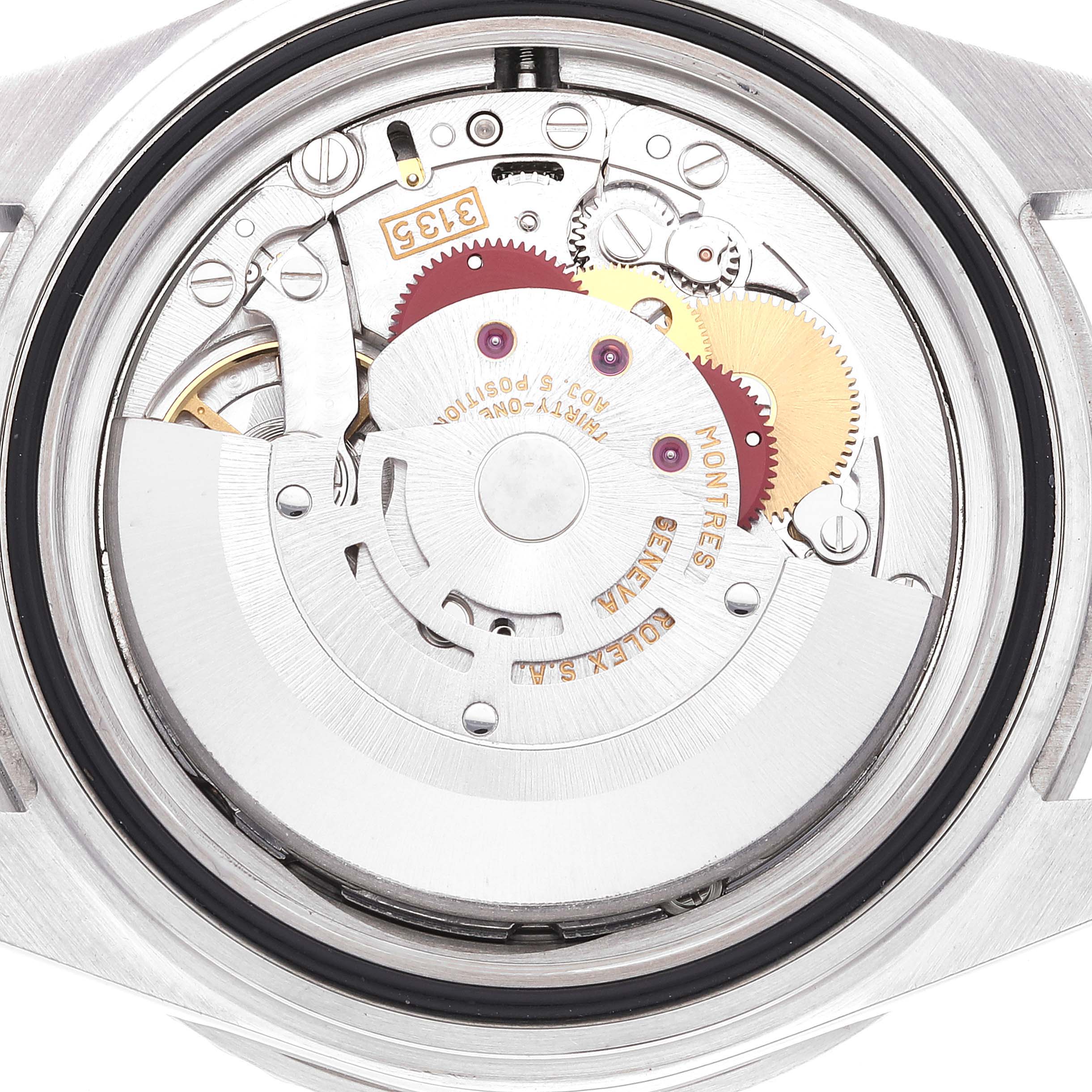 This image shows the inner mechanism or movement of a Rolex Submariner 16610 Men
s Stainless Steel Black Dial 16610 Men
s Stainless Steel Black Dial watch from a rear view angle.