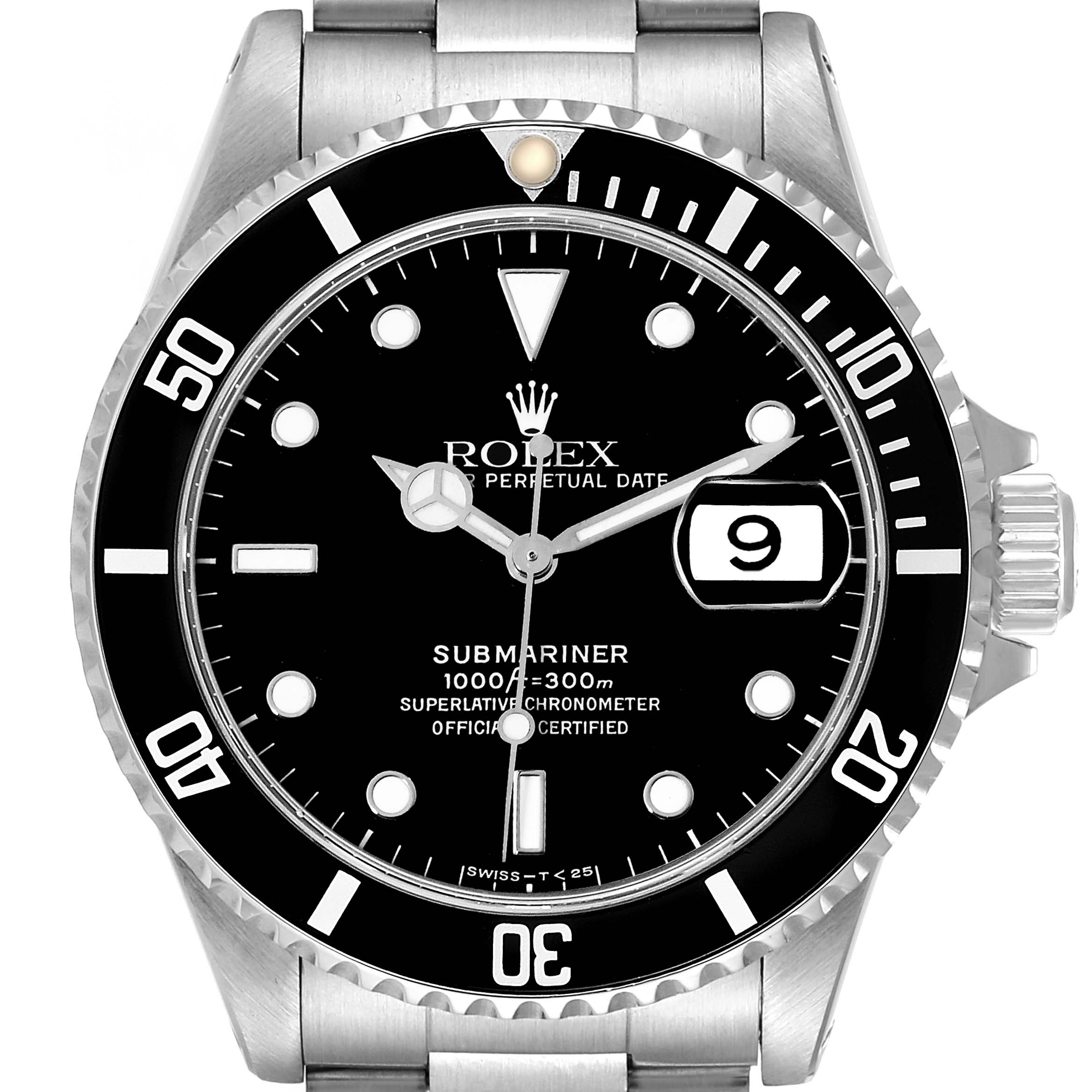 The image shows a front view of the Rolex Submariner 16610 Men
s Stainless Steel Black Dial 16610 Men
s Stainless Steel Black Dial watch, highlighting the dial, bezel, and bracelet.