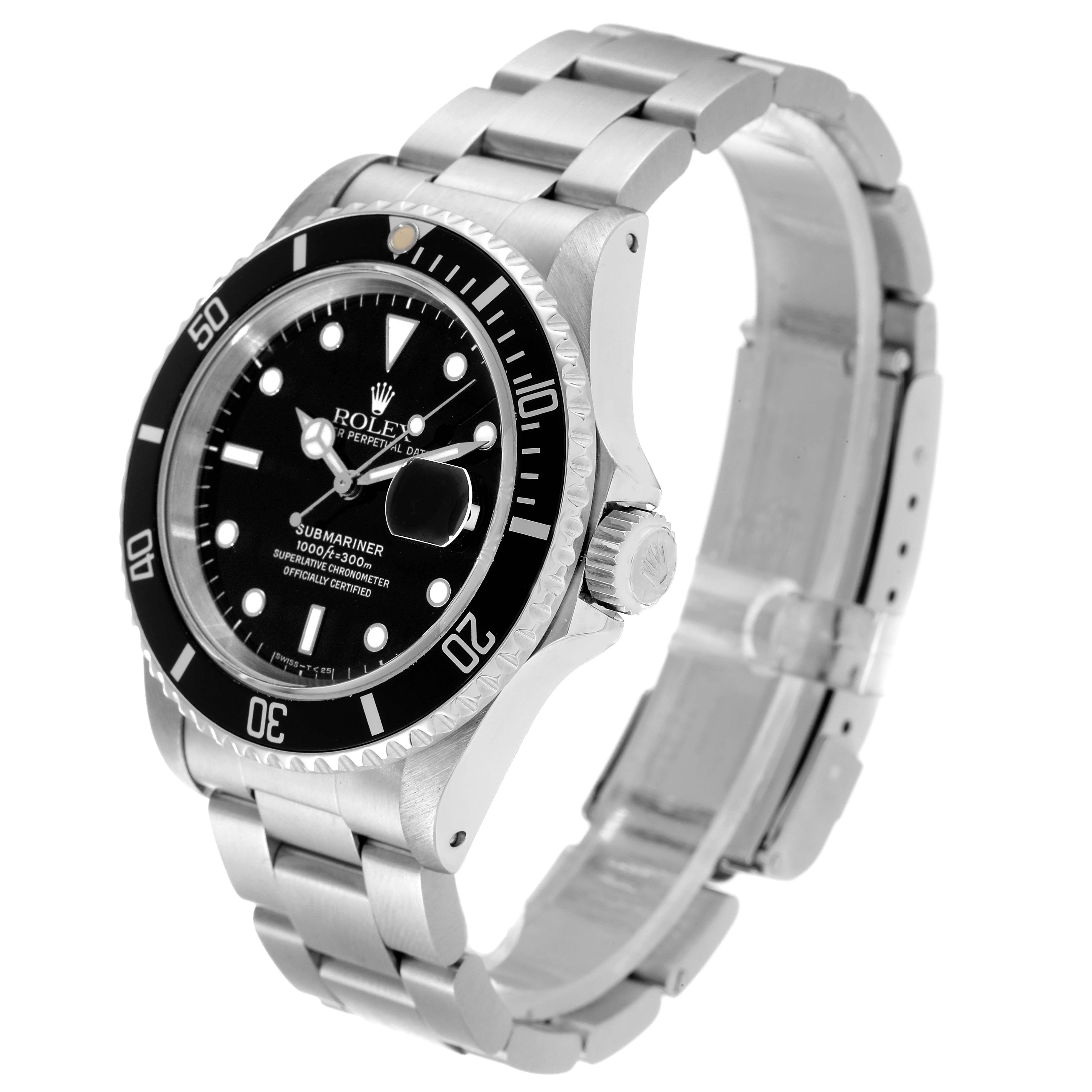 The image shows a side angle of a Rolex Submariner 16610 Men
s Stainless Steel Black Dial 16610 Men
s Stainless Steel Black Dial watch highlighting the face, bezel, crown, and bracelet.