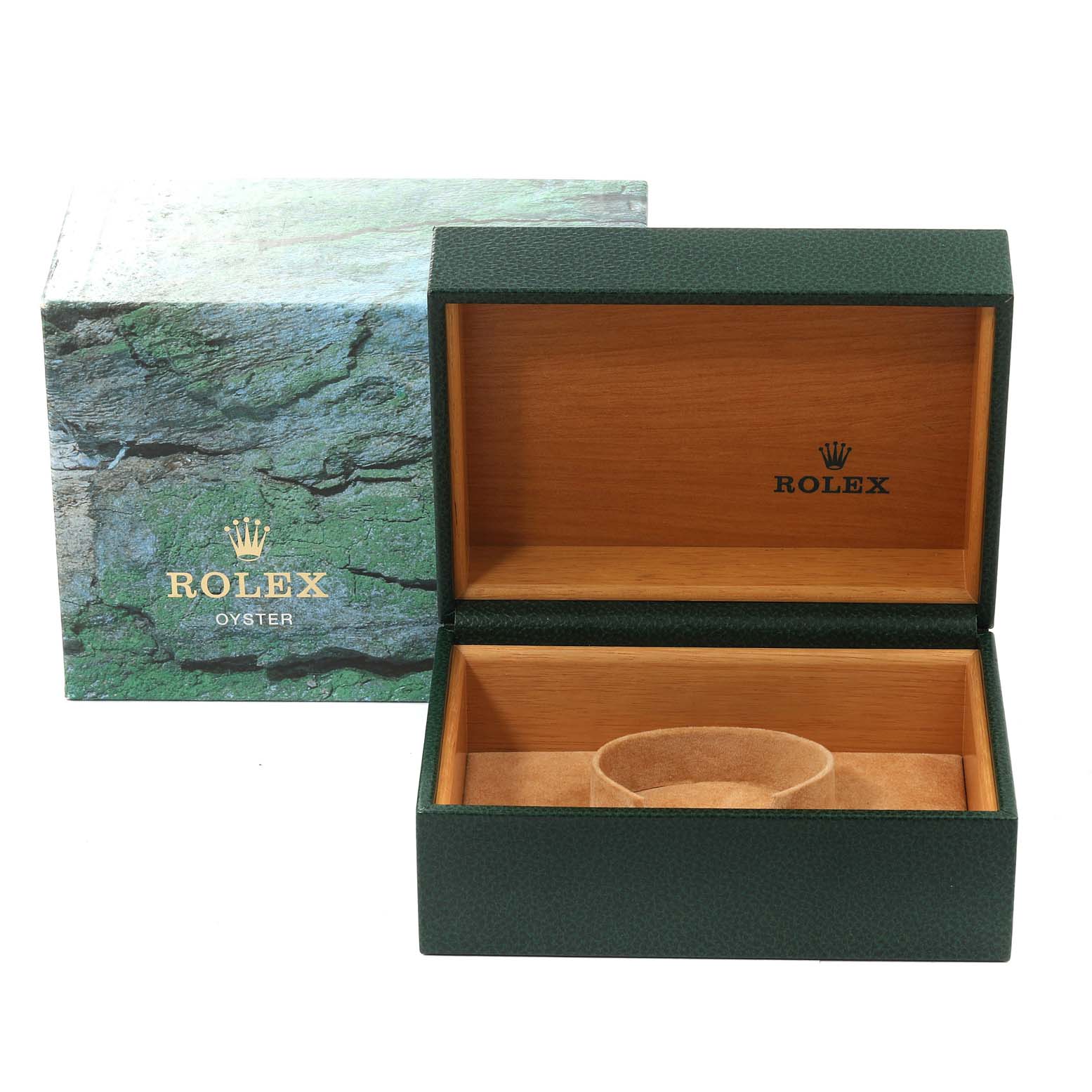 This image shows an open green Rolex box and its outer box, typically used for the Submariner model.