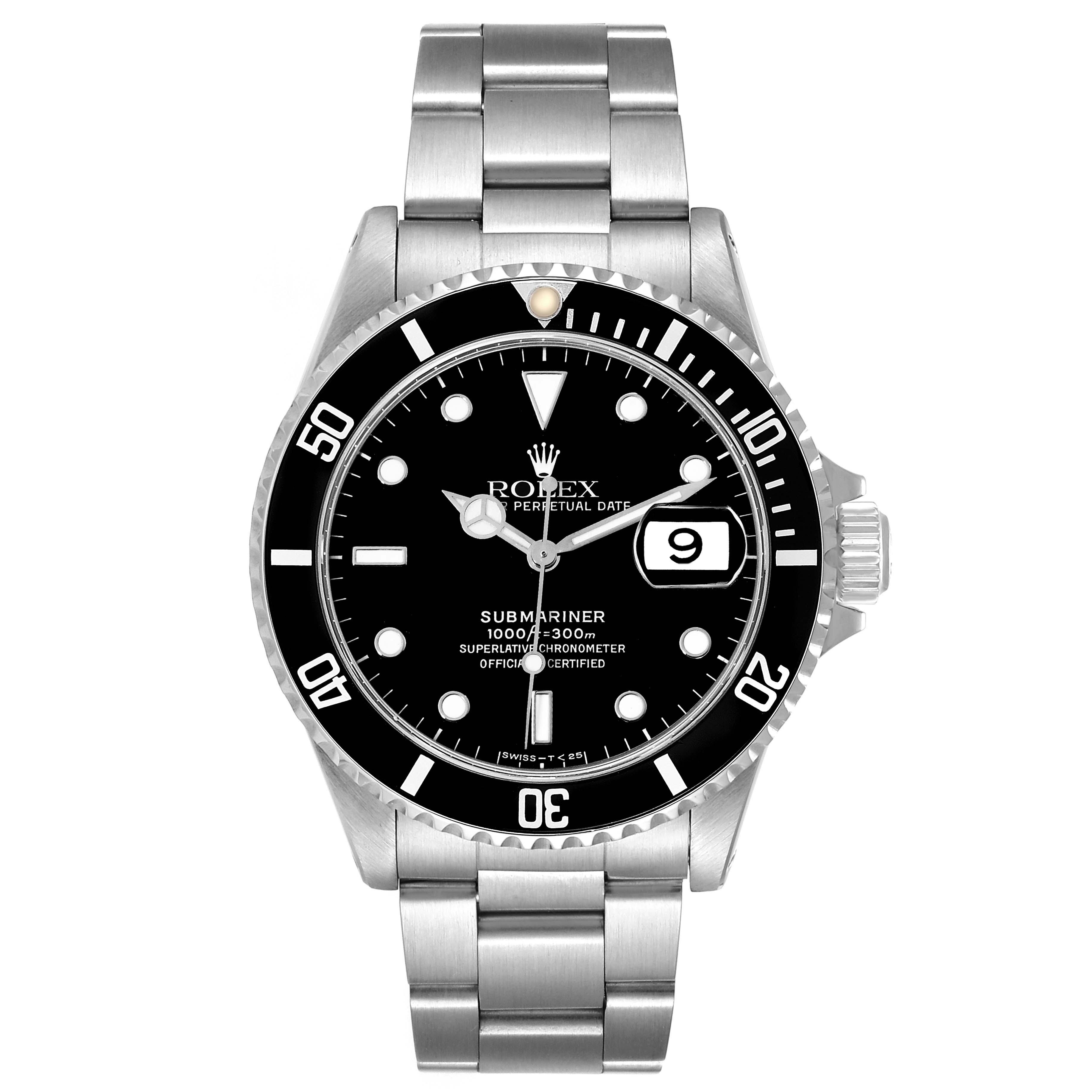 This image shows a Rolex Submariner 16610 Men
s Stainless Steel Black Dial 16610 Men
s Stainless Steel Black Dial watch from a top-down angle, featuring its bracelet, bezel, dial, and date magnifier.