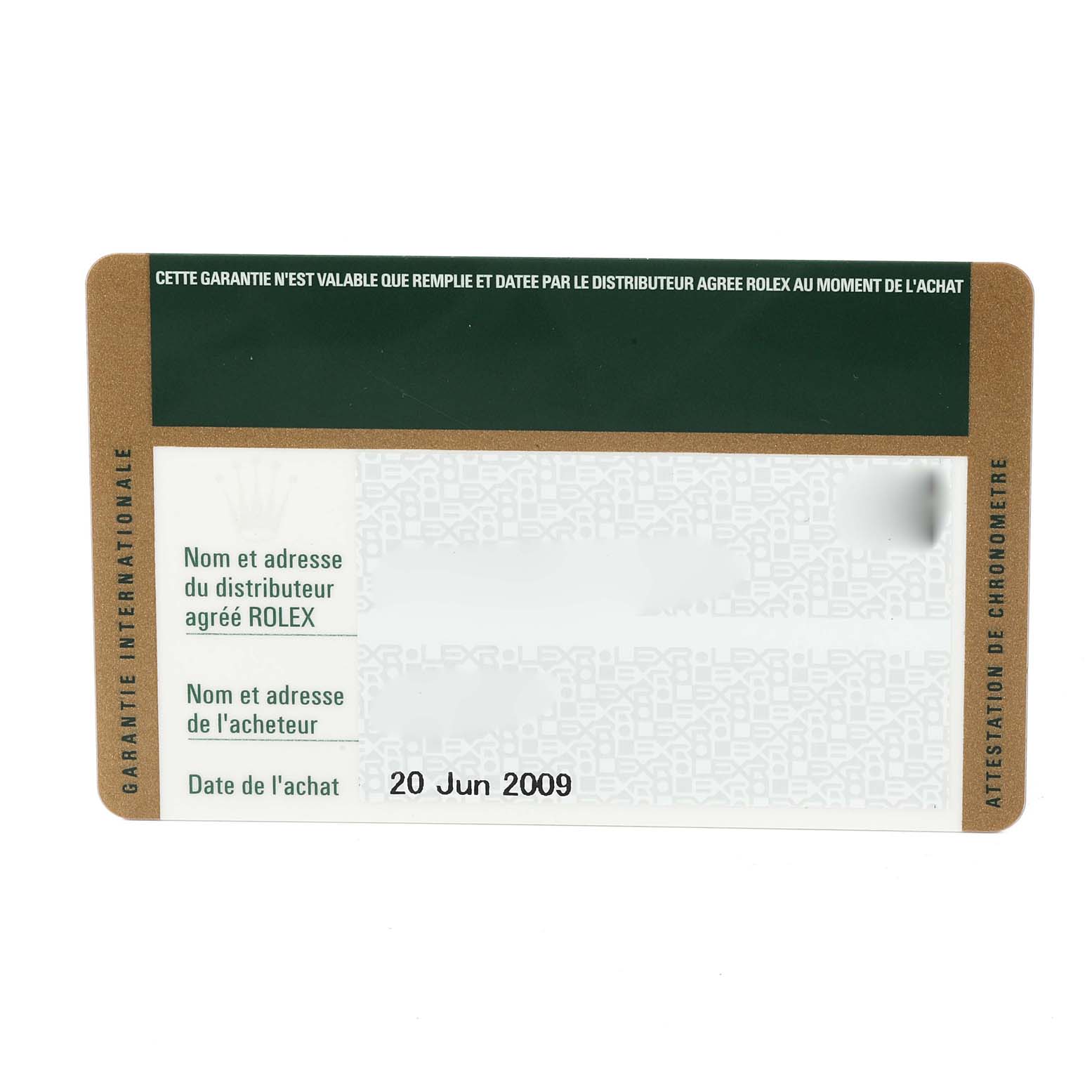 The image shows the guarantee card for a Rolex Submariner 16610 Men
s Stainless Steel Black Dial 16610 Men
s Stainless Steel Black Dial watch, displaying purchase information.