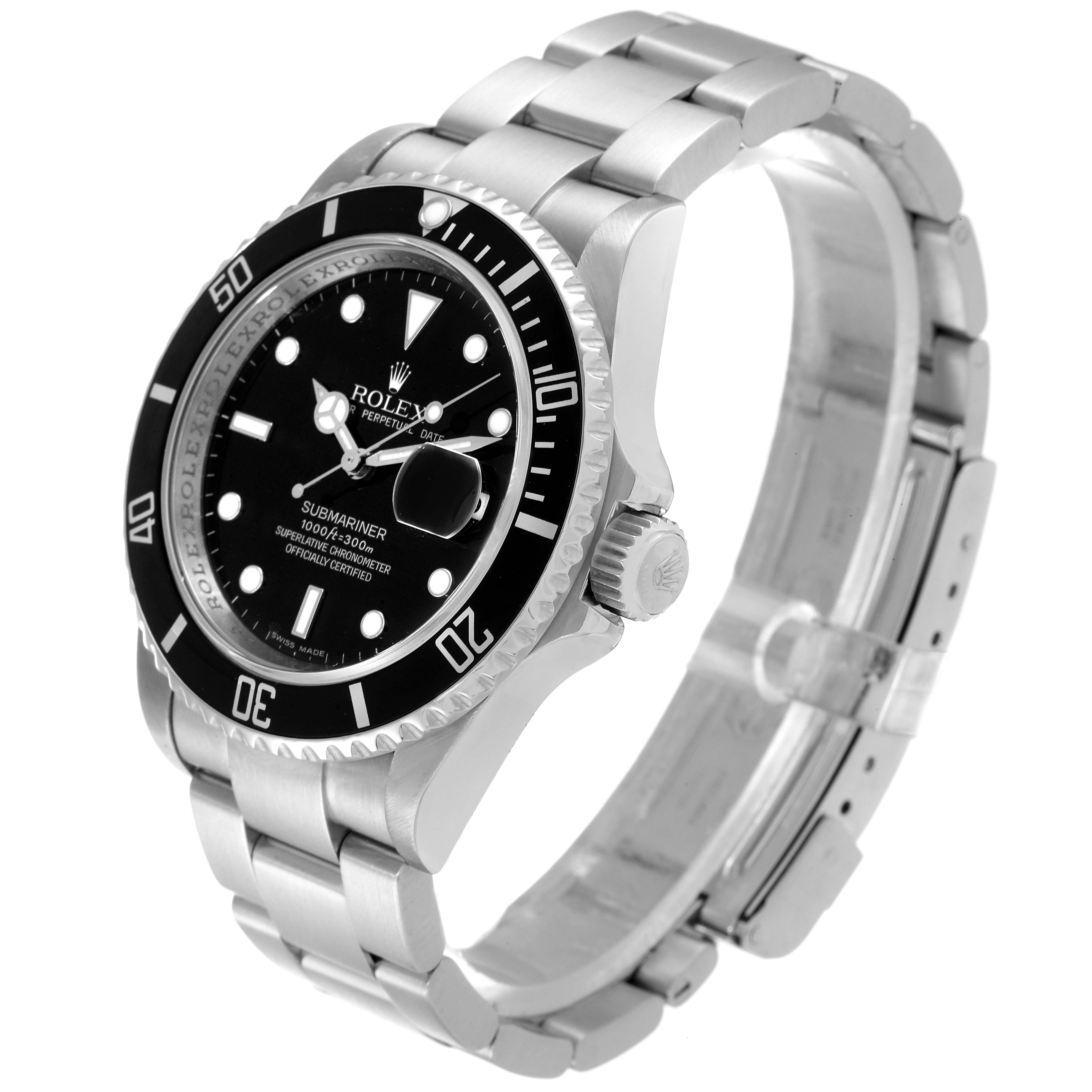 The image shows a Rolex Submariner 16610 Men
s Stainless Steel Black Dial 16610 Men
s Stainless Steel Black Dial watch from a three-quarter angle, displaying its bracelet, case, bezel, and dial.