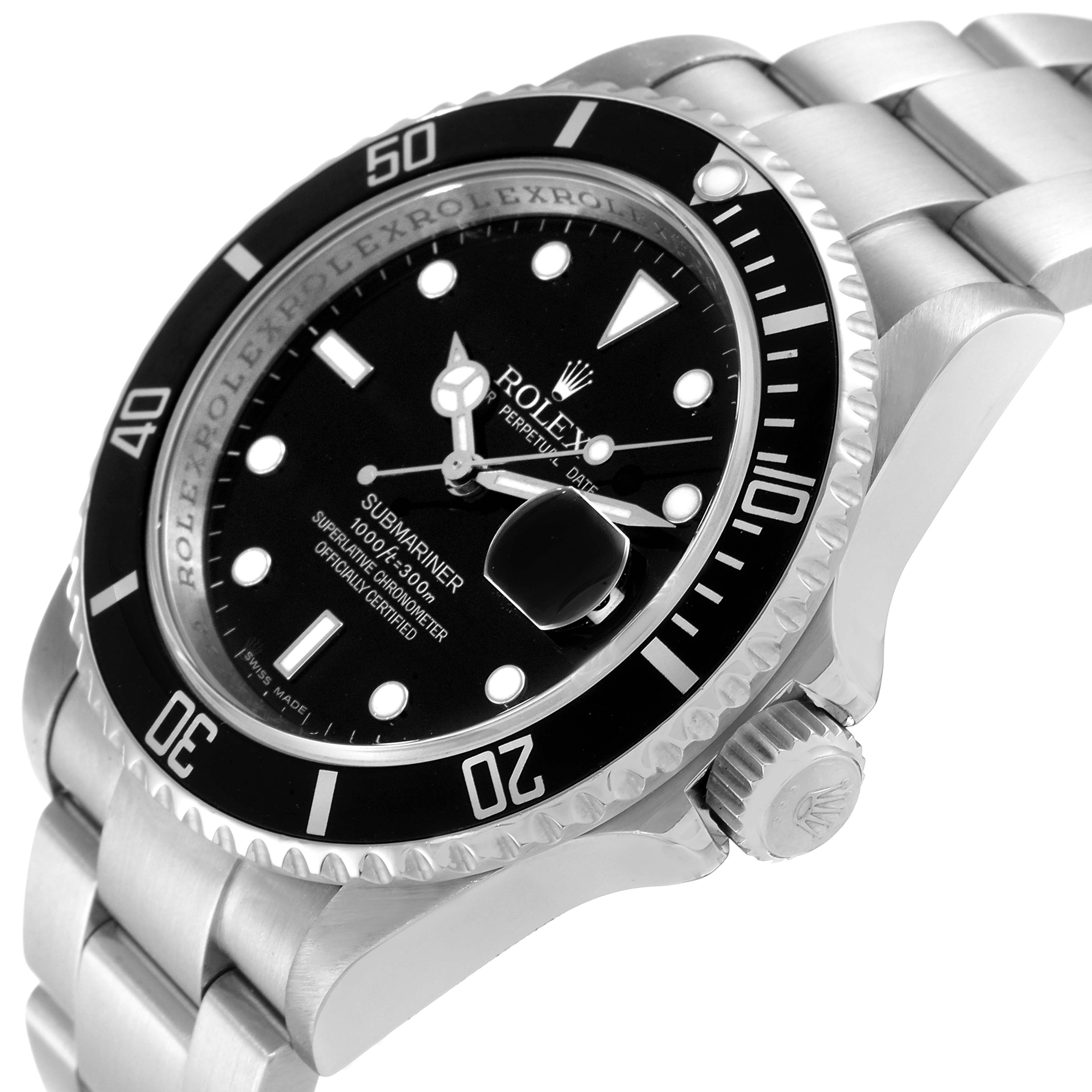 The Rolex Submariner 16610 Men
s Stainless Steel Black Dial 16610 Men
s Stainless Steel Black Dial watch is shown at an angle displaying its dial, bezel, crown, and metal bracelet.