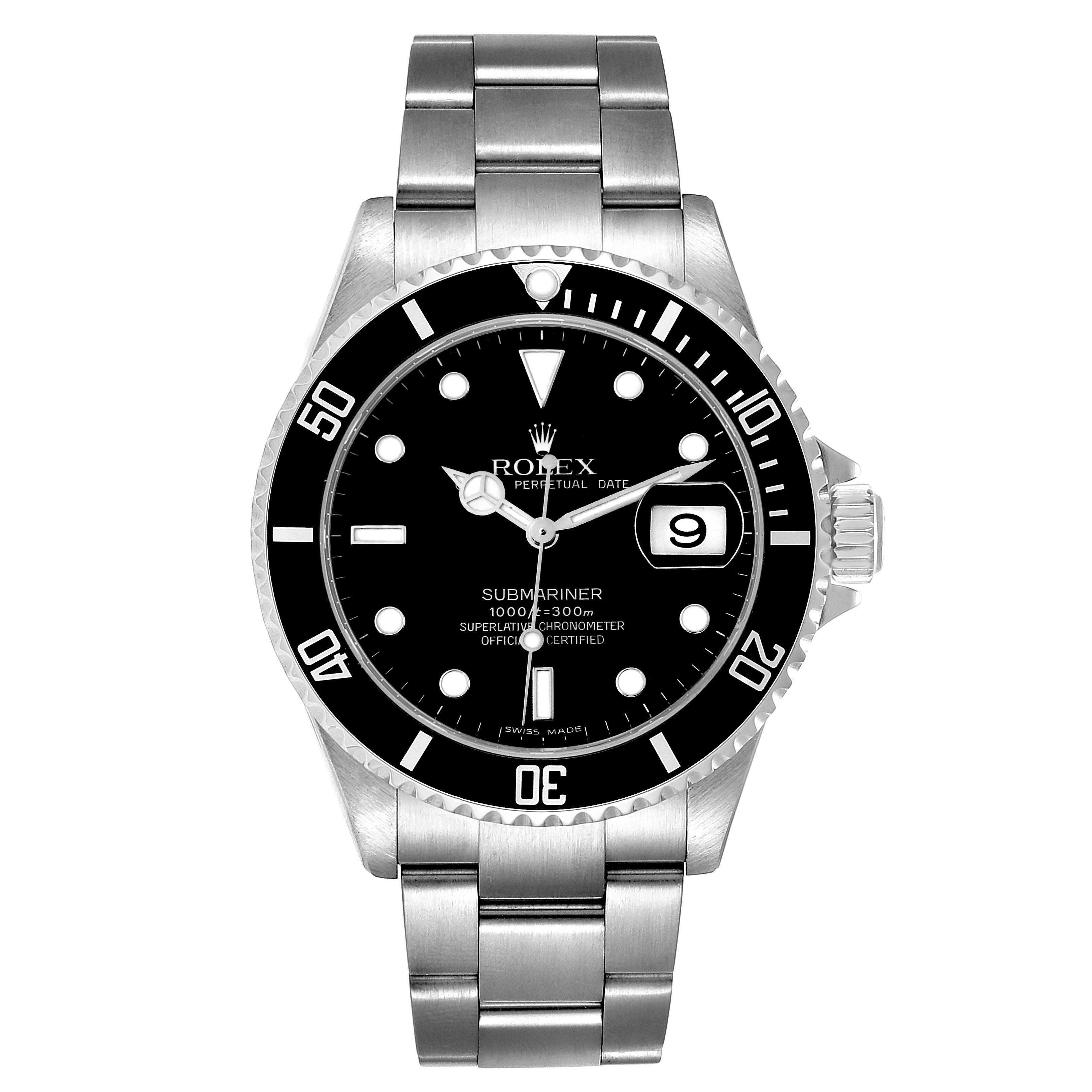 This image shows the front view of the Rolex Submariner 16610 Men
s Stainless Steel Black Dial 16610 Men
s Stainless Steel Black Dial watch, highlighting the dial, bezel, bracelet, and crown.