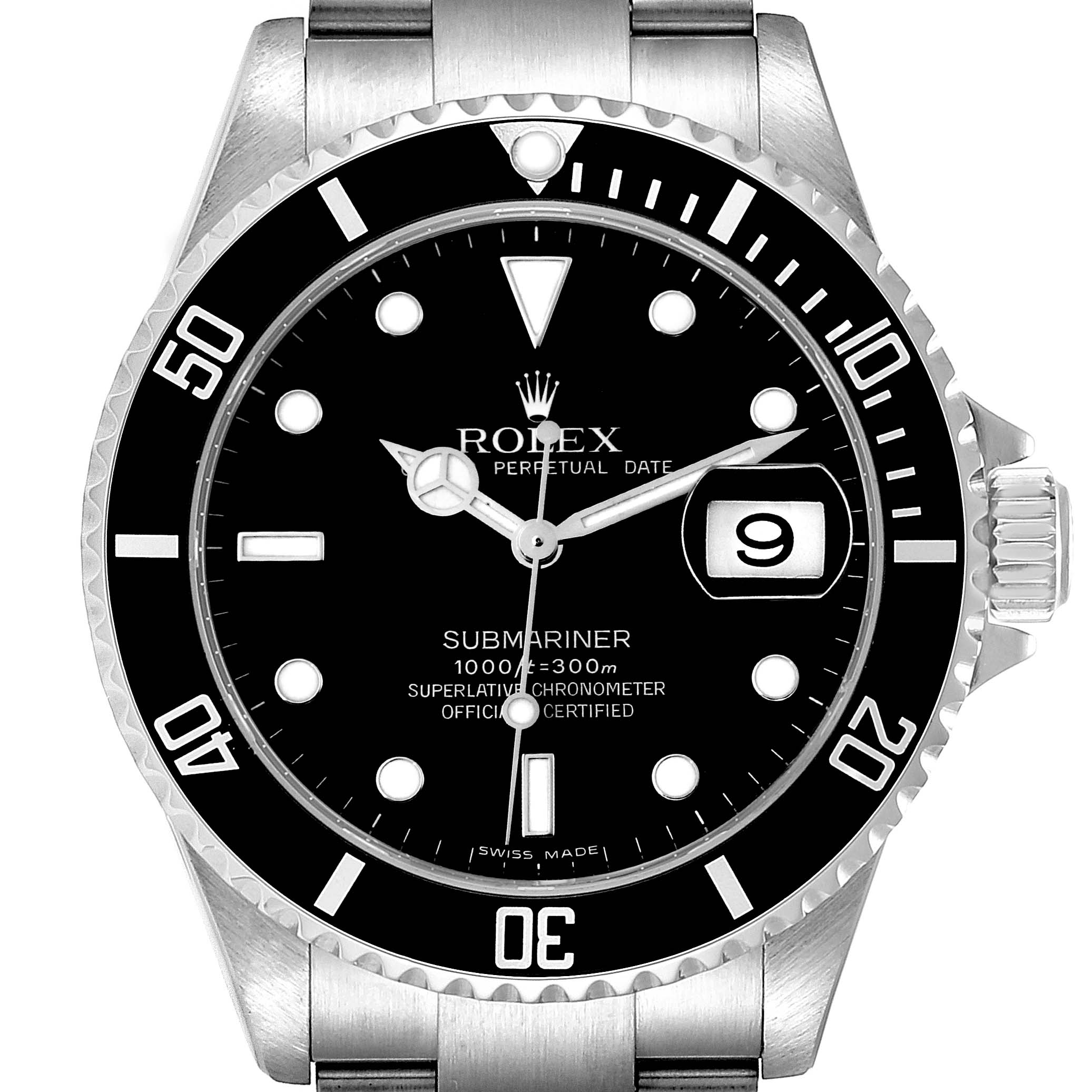 The image shows a front view of the Rolex Submariner 16610 Men
s Stainless Steel Black Dial 16610 Men
s Stainless Steel Black Dial watch, displaying its black dial, date window, and bezel.