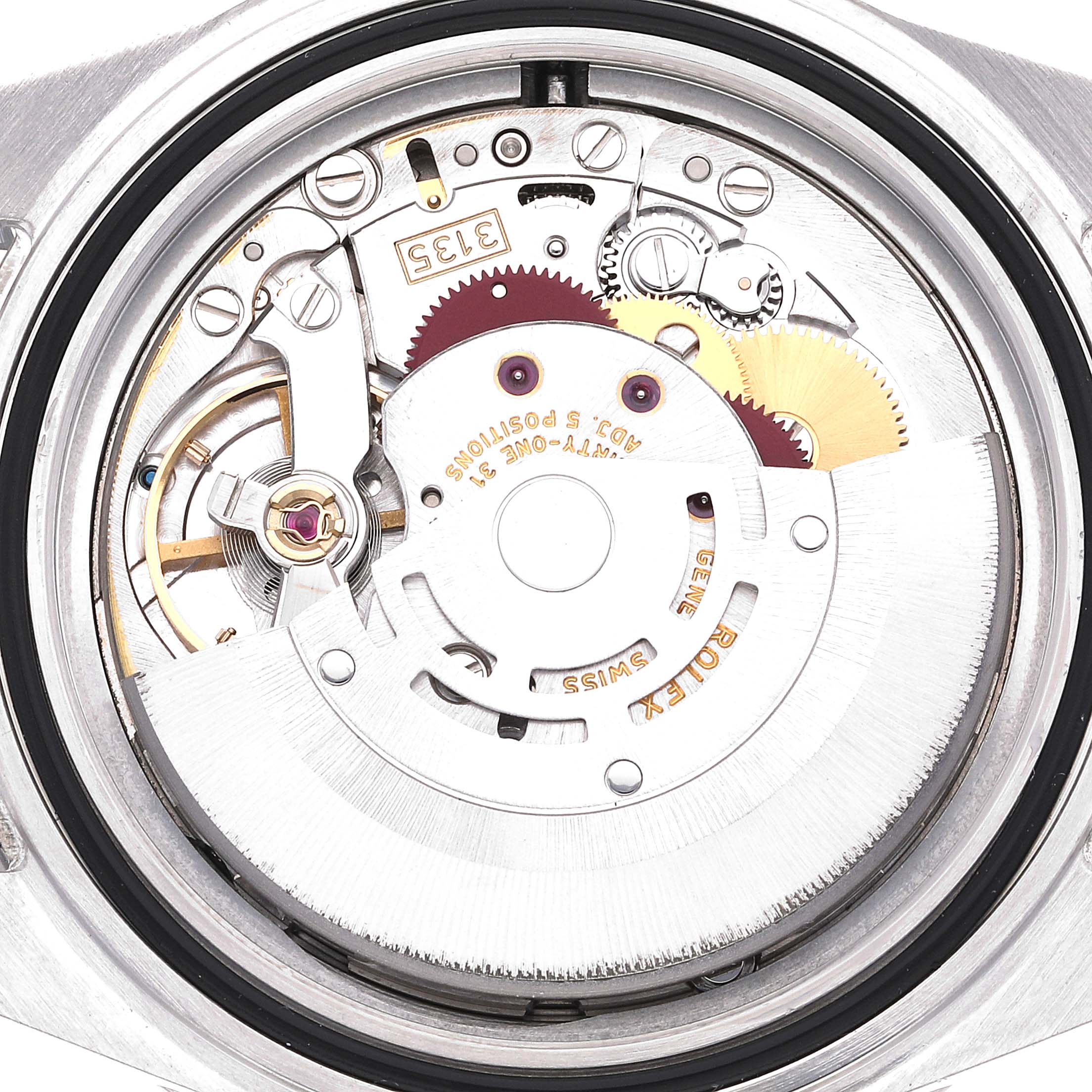 This image shows the internal mechanical movement of a Rolex Submariner 16610 Men
s Stainless Steel Black Dial 16610 Men
s Stainless Steel Black Dial watch, viewed from the back.