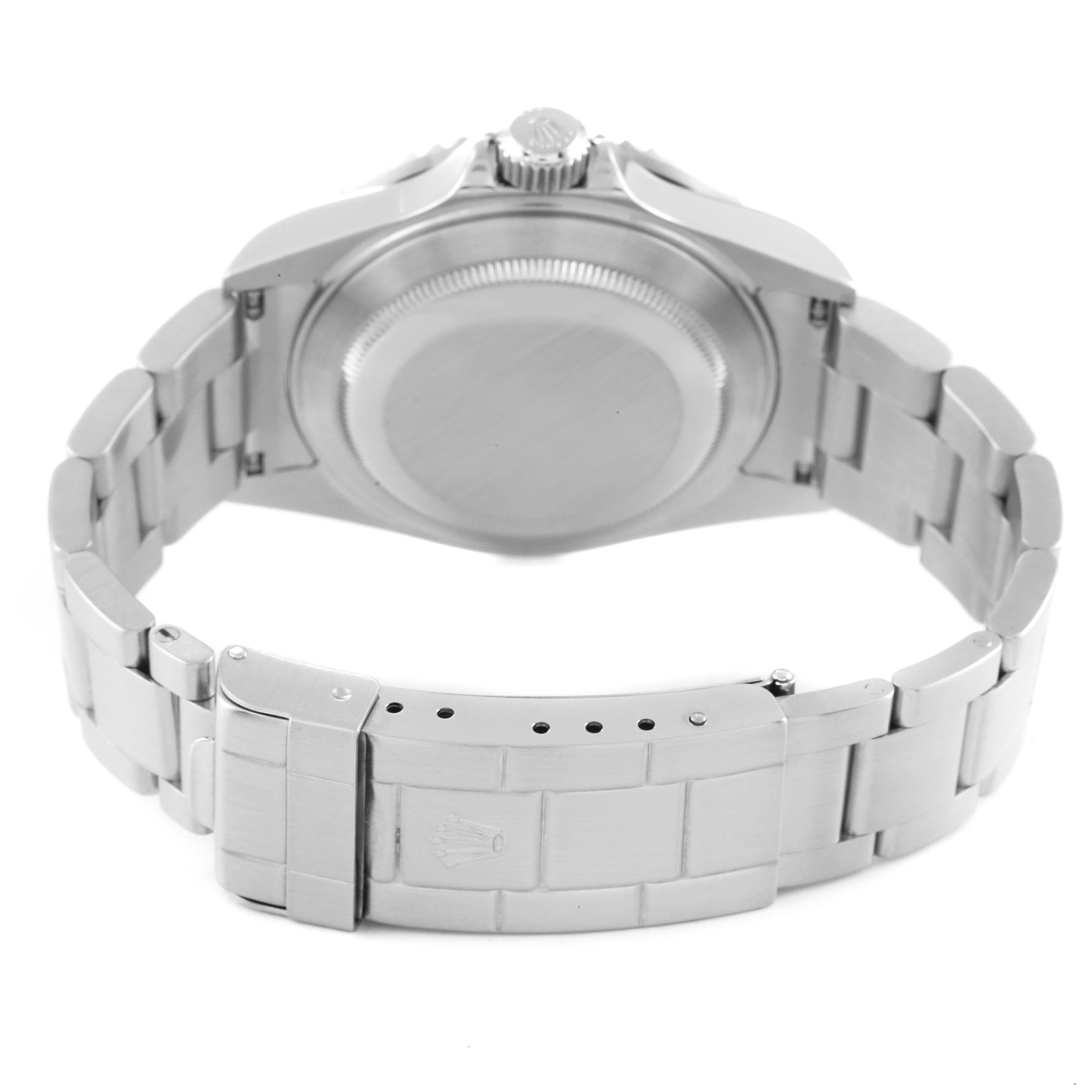 The image shows the back view of a Rolex Submariner 16610 Men
s Stainless Steel Black Dial 16610 Men
s Stainless Steel Black Dial watch, highlighting the case, crown, and bracelet with the clasp open.