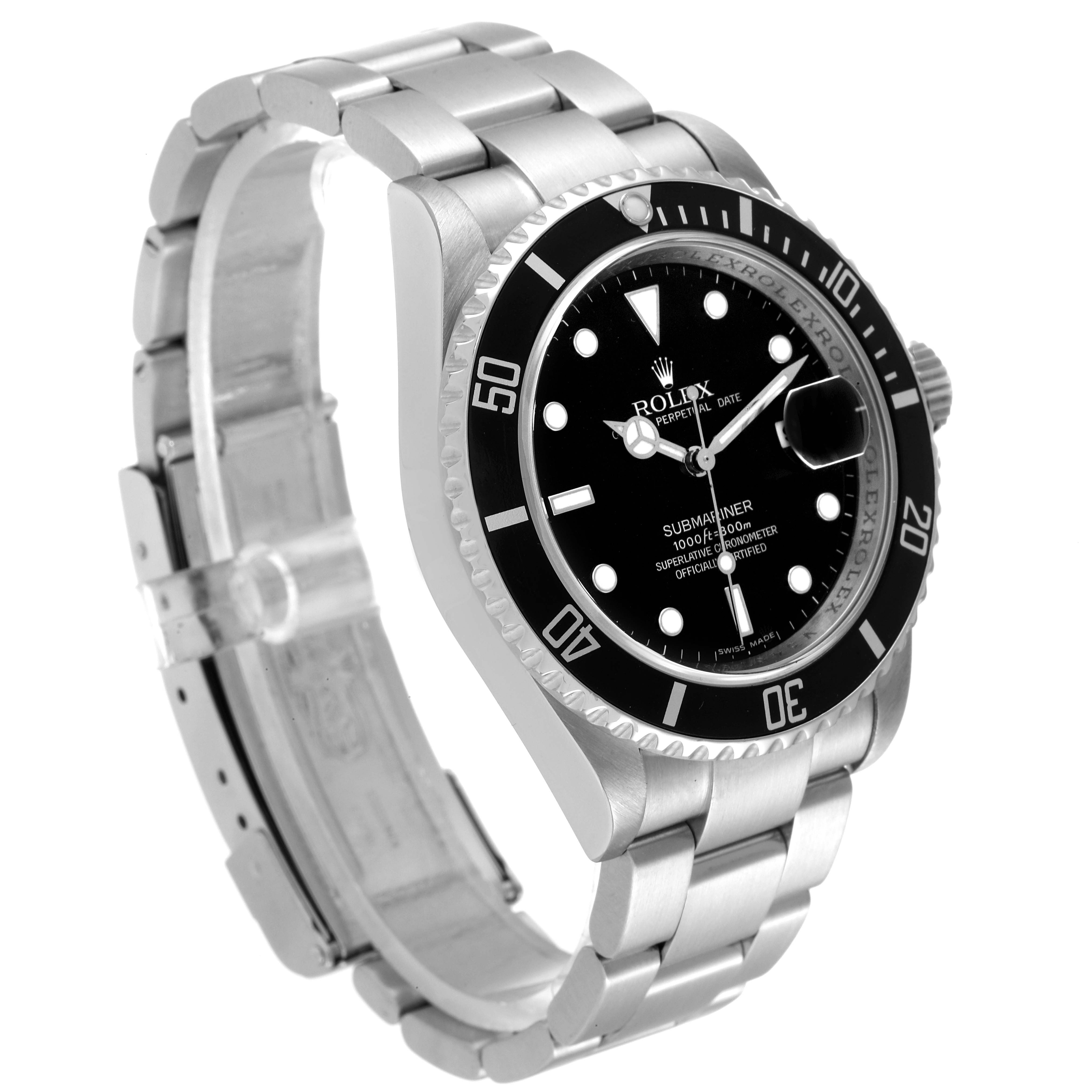 The image shows a Rolex Submariner 16610 Men
s Stainless Steel Black Dial 16610 Men
s Stainless Steel Black Dial watch, viewed from an angle highlighting the bezel, dial, crown, and bracelet.
