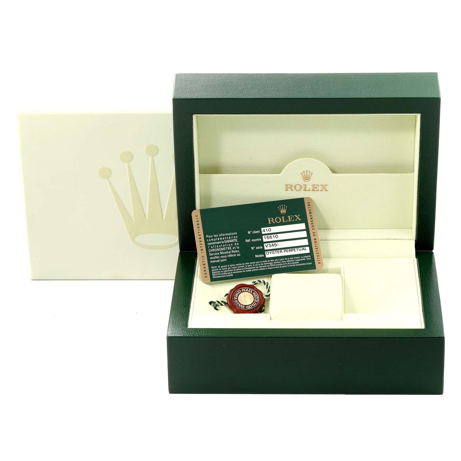 The image shows a Rolex Submariner 16610 Men
s Stainless Steel Black Dial 16610 Men
s Stainless Steel Black Dial watch box, along with warranty card and tag from a front angle.
