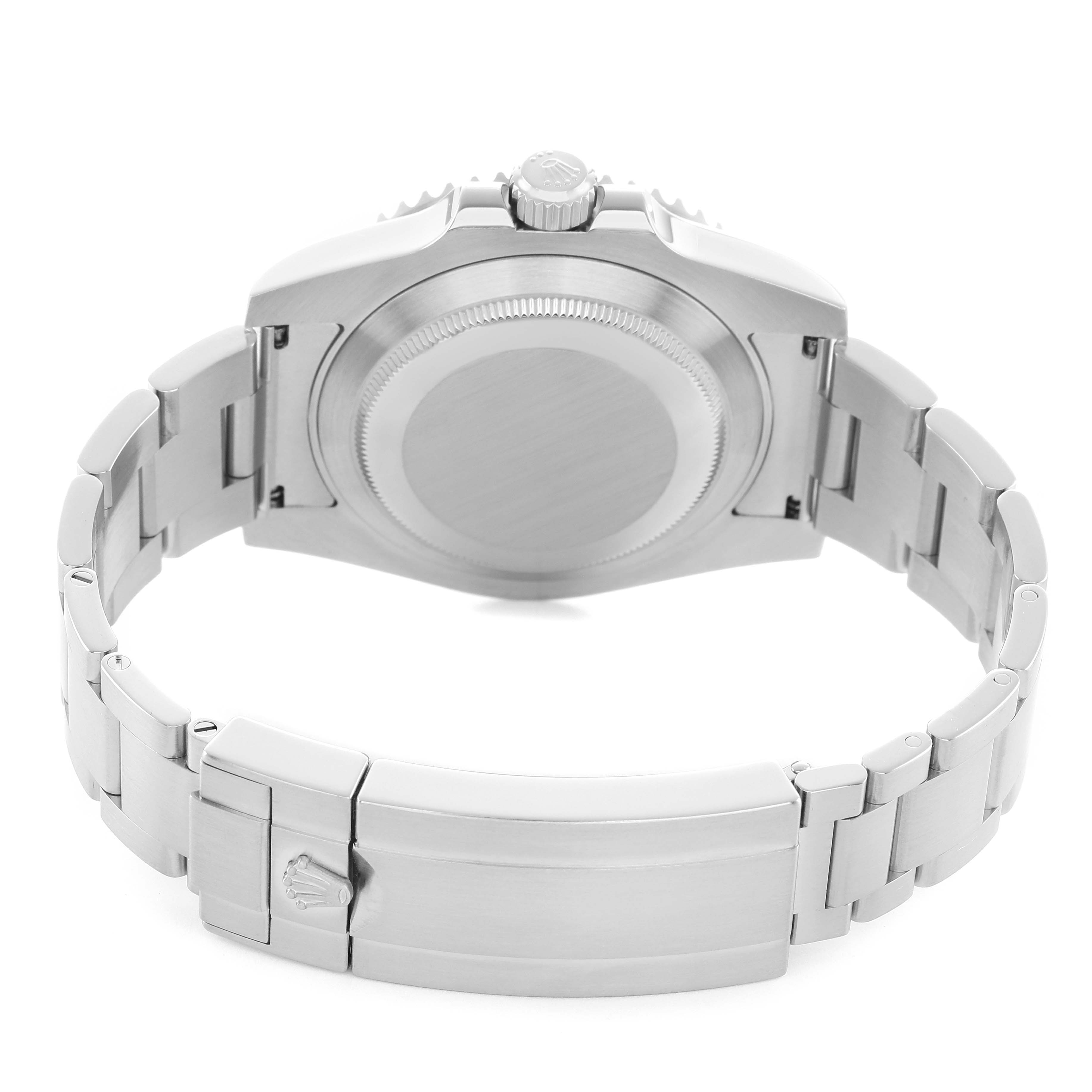 The Rolex Submariner 116610LV Men's Stainless Steel Green Dial is shown from the back, focusing on the case back, bracelet, and clasp.