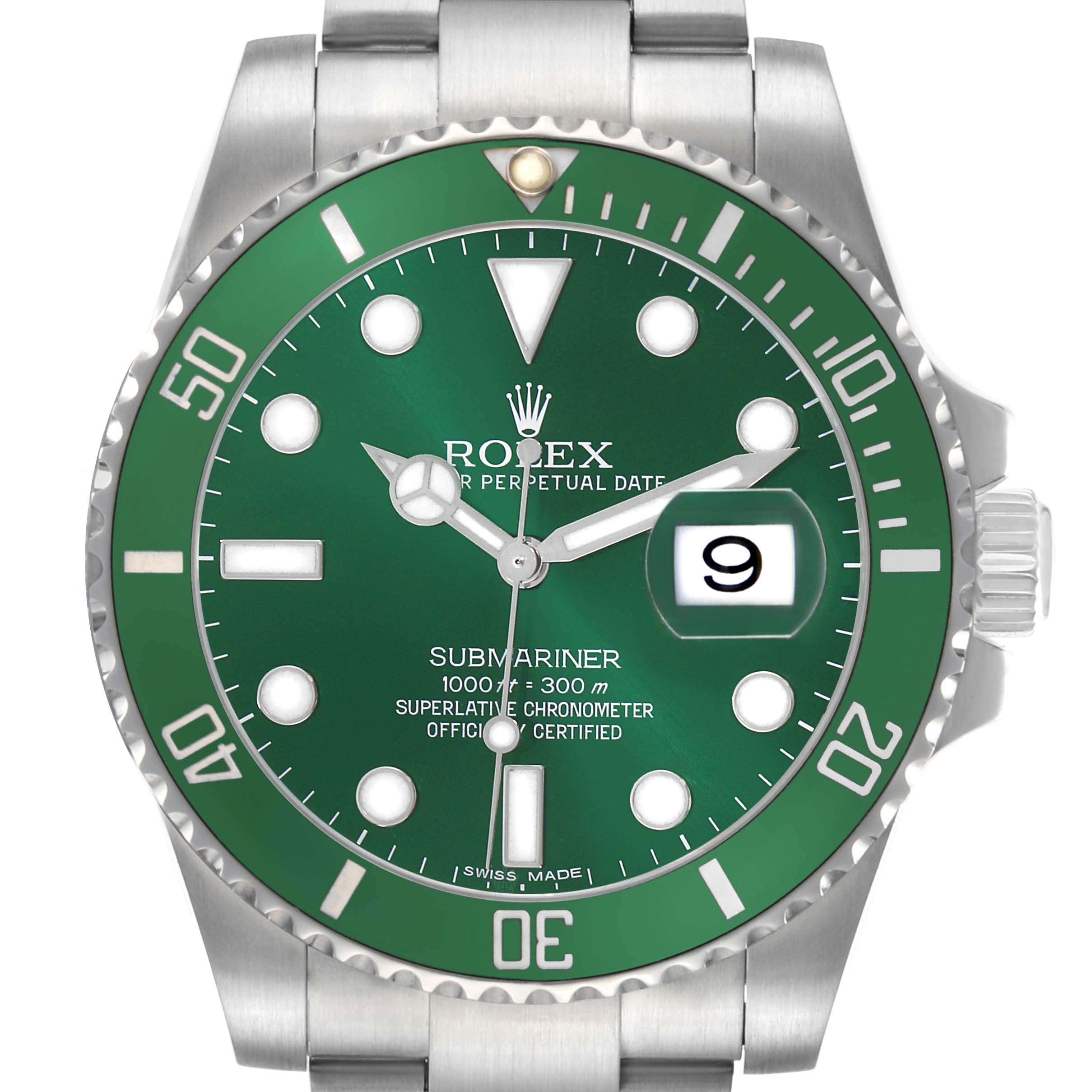 The Rolex Submariner 116610LV Men's Stainless Steel Green Dial watch is shown from the front, highlighting the green bezel, dial, and date magnification.