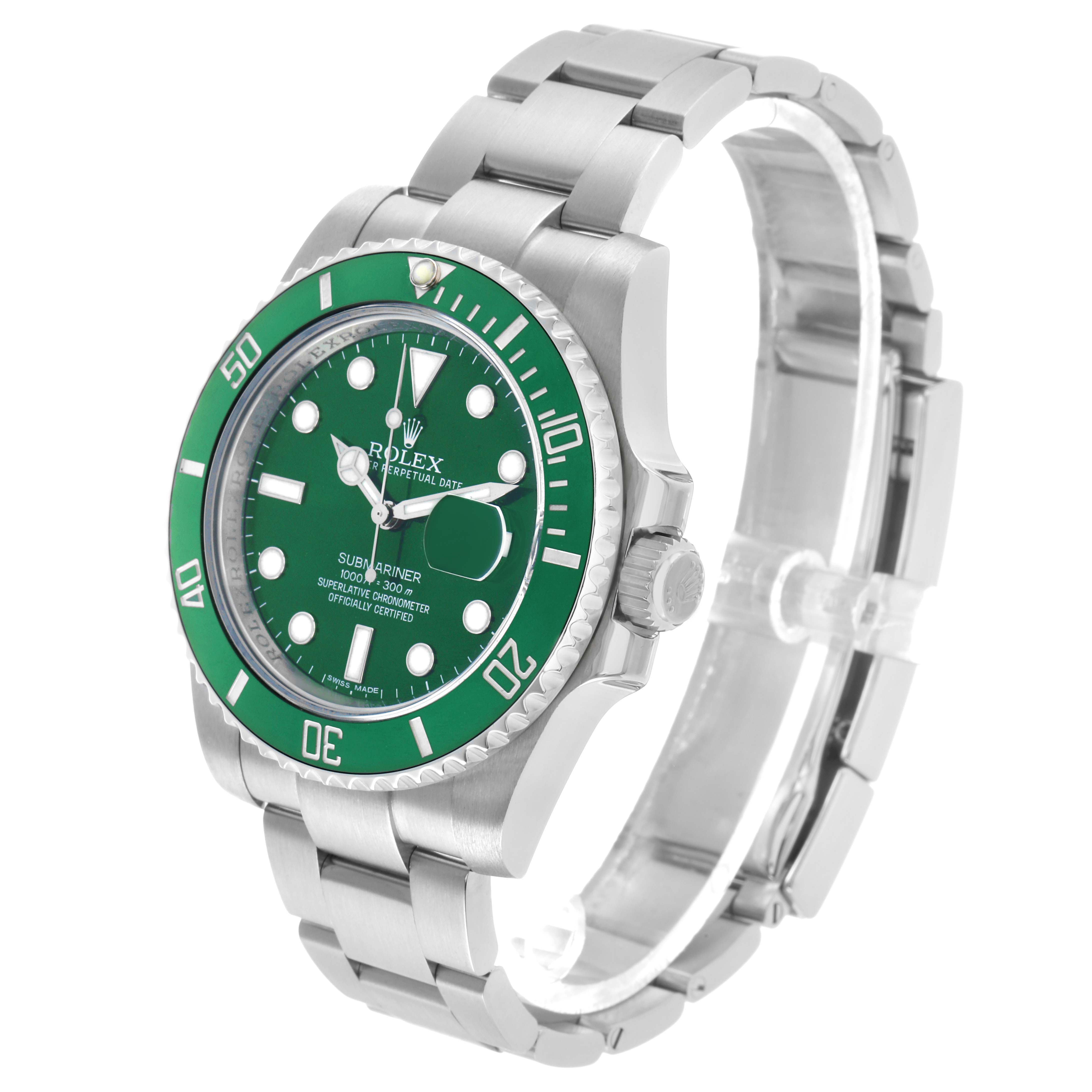 The Rolex Submariner 116610LV Men's Stainless Steel Green Dial watch is shown at a three-quarter angle, displaying the face, bezel, and part of the bracelet.