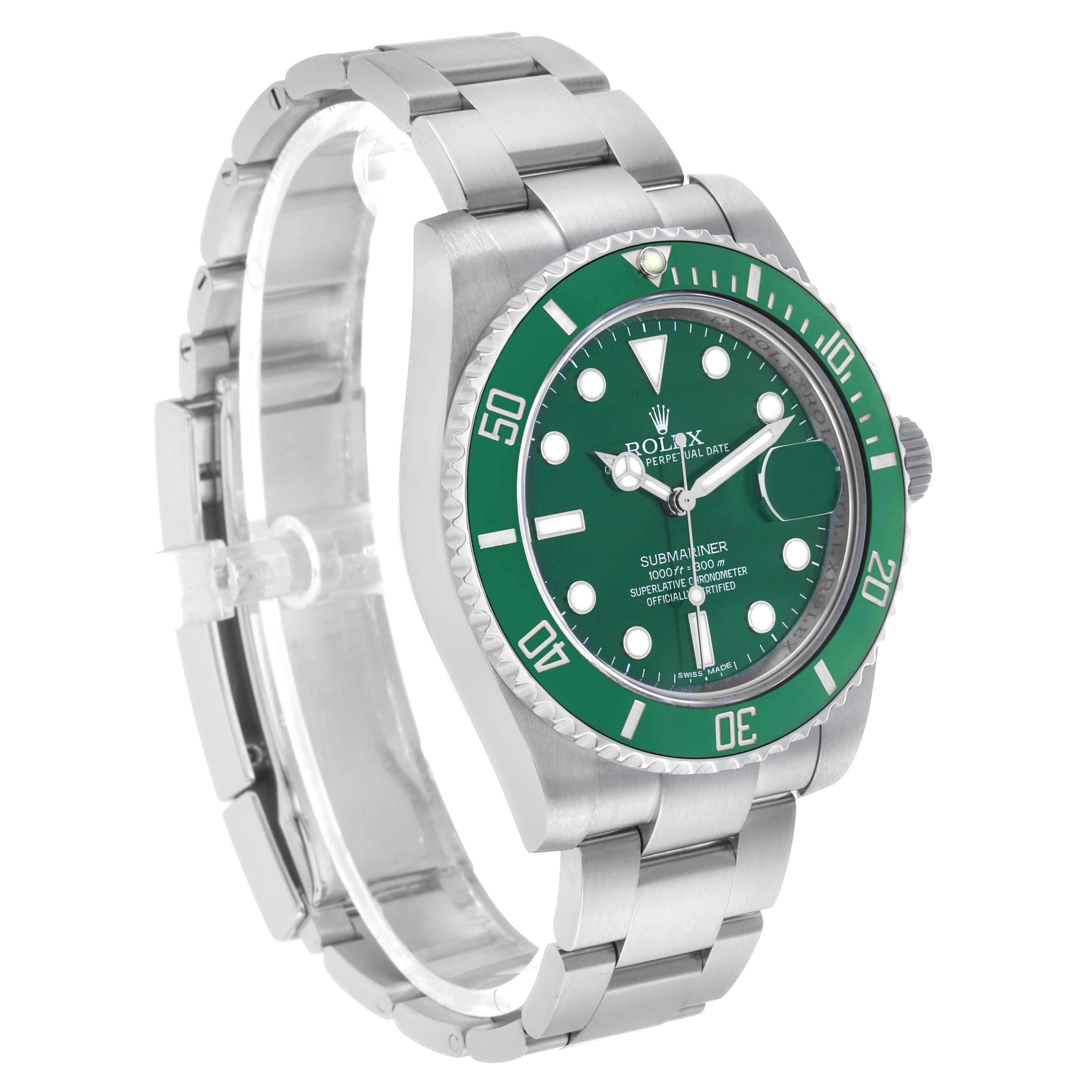 The Rolex Submariner 116610LV Men's Stainless Steel Green Dial watch is shown from a three-quarter angle, displaying its green bezel, dial, and stainless steel bracelet.