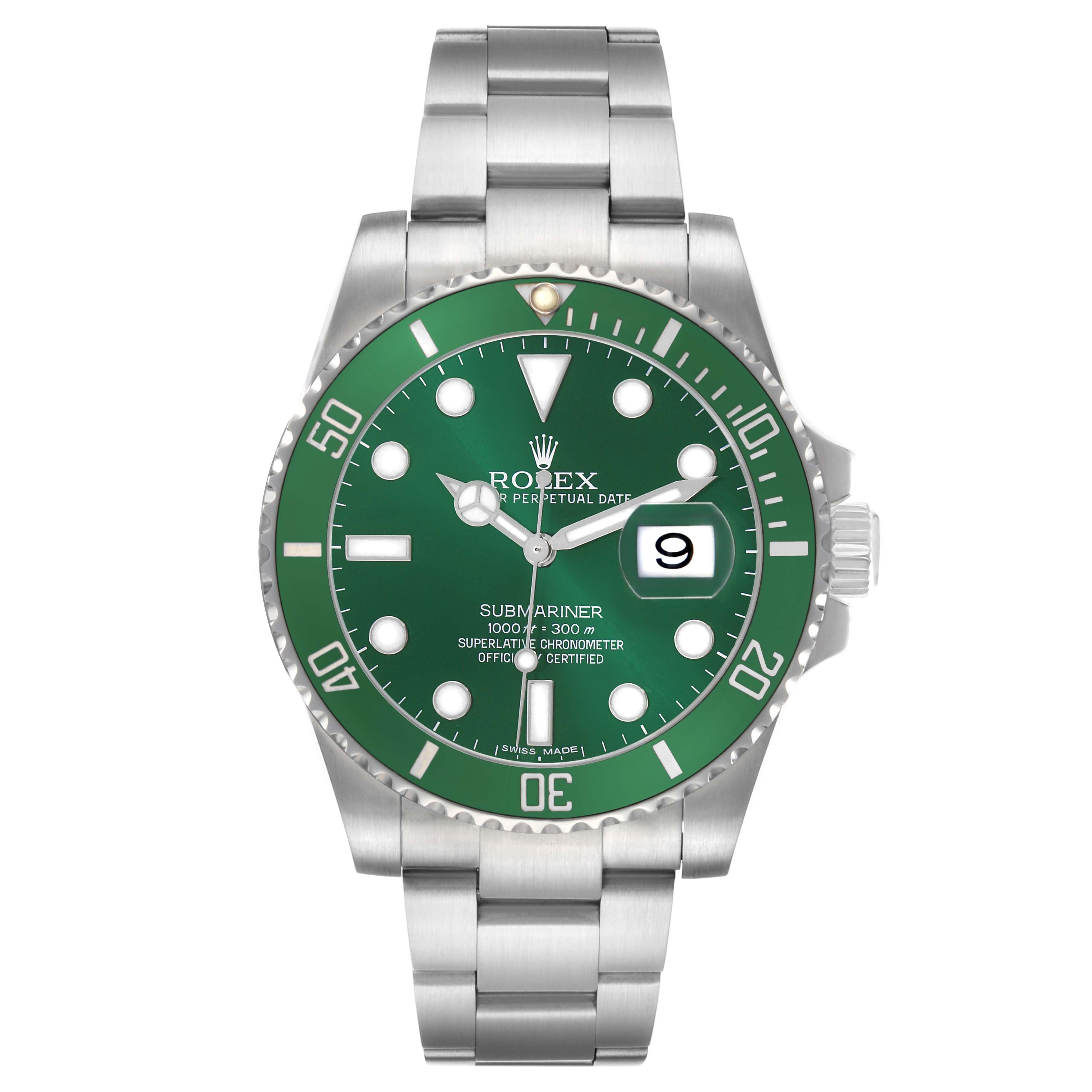 The Rolex Submariner 116610LV Men's Stainless Steel Green Dial watch is shown from the front, displaying its green dial, bezel, and stainless steel bracelet.
