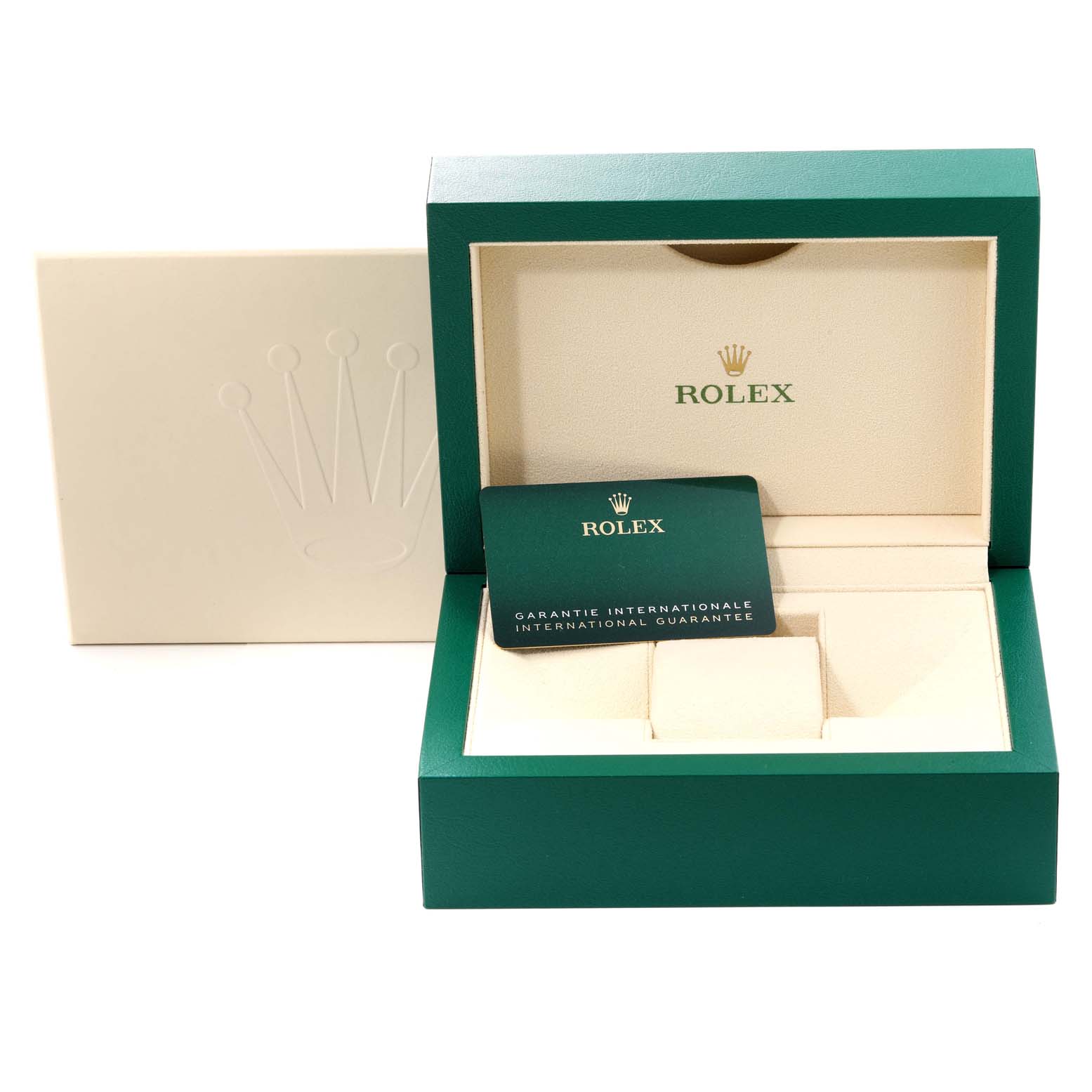The image shows the packaging and international guarantee card for a Rolex Submariner 124060 Men
s Stainless Steel Black Dial 124060 Men
s Stainless Steel Black Dial watch, with the box open.