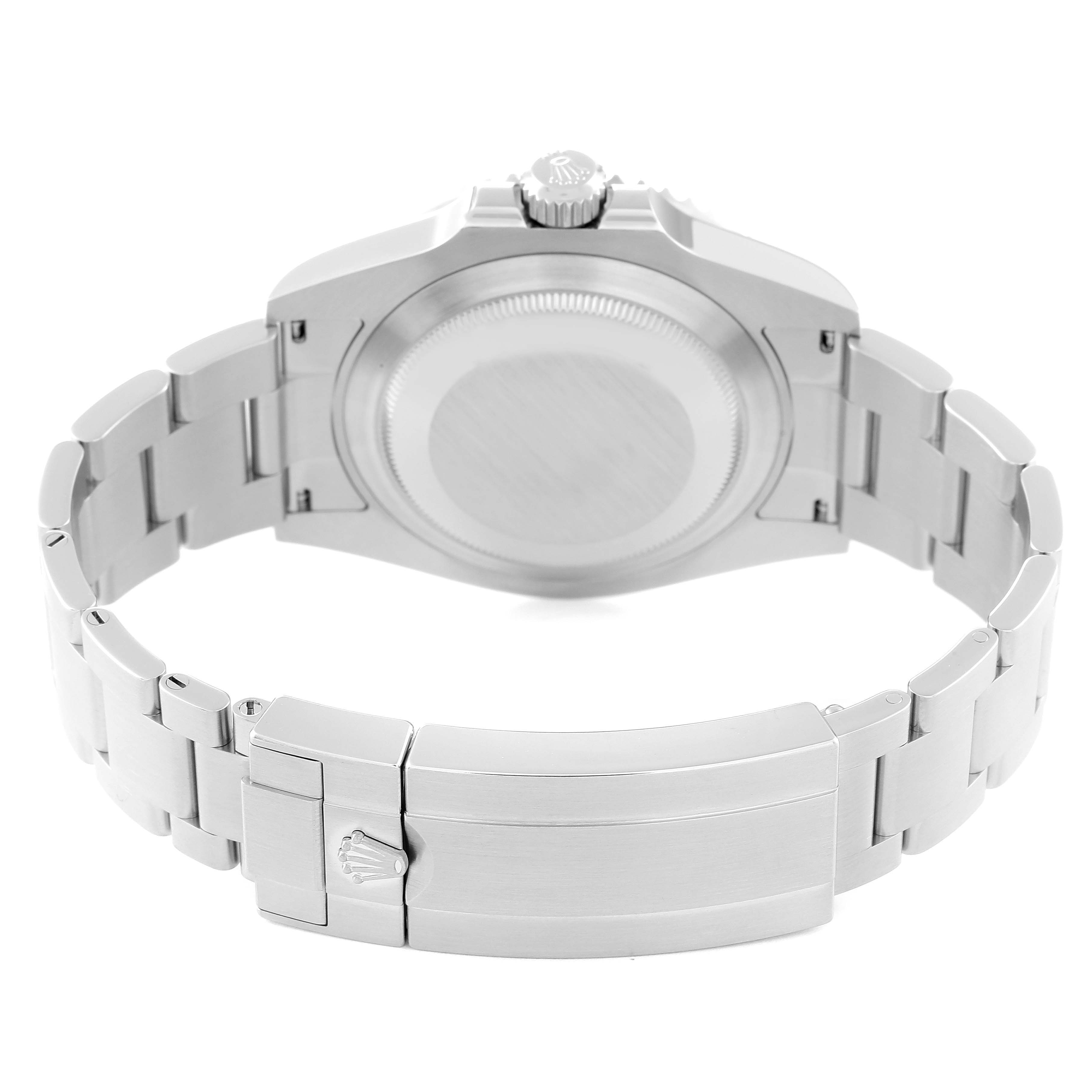 The image shows the back view of a Rolex Submariner 124060 Men
s Stainless Steel Black Dial 124060 Men
s Stainless Steel Black Dial, displaying the case back and metal bracelet.