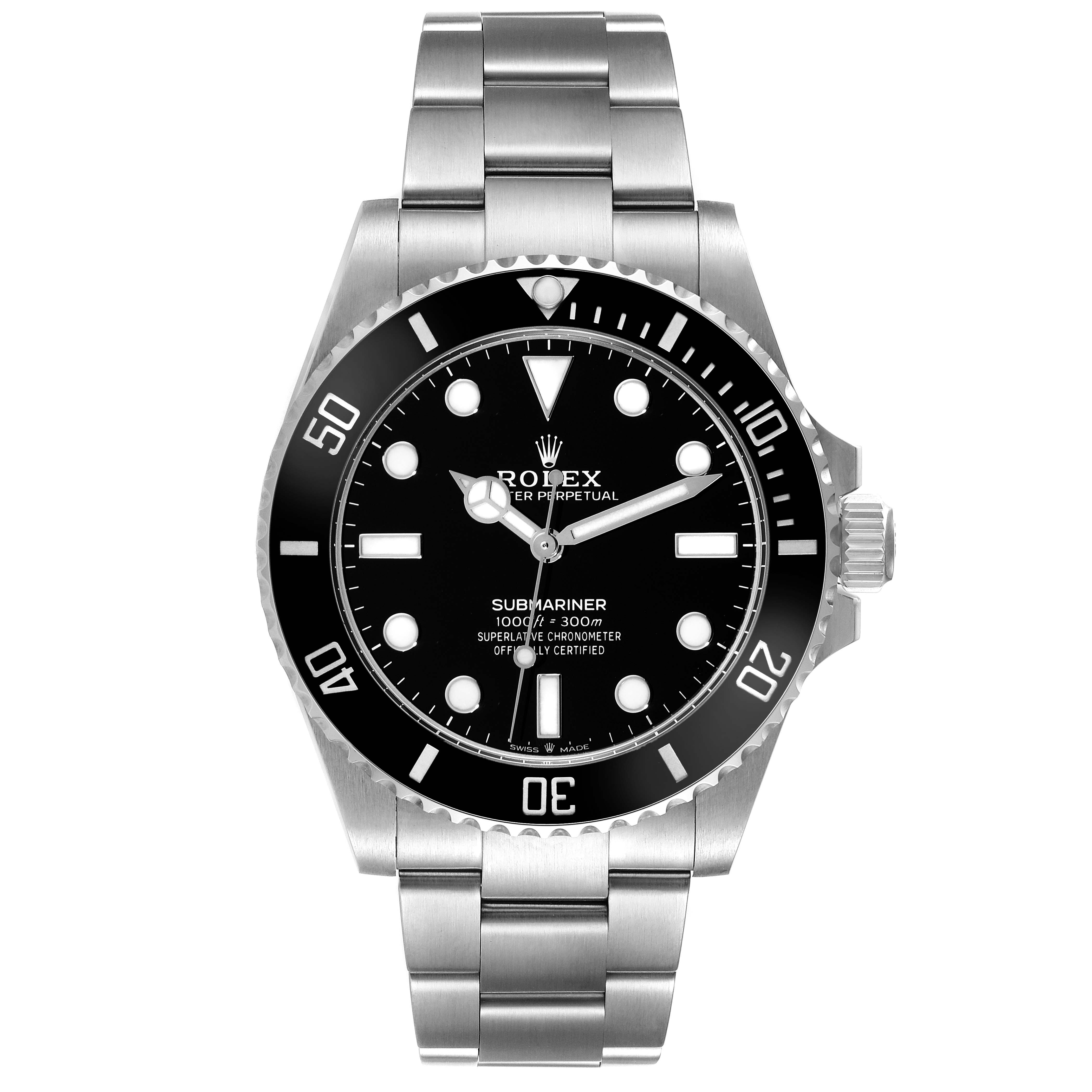 This image shows a frontal view of the Rolex Submariner 124060 Men
s Stainless Steel Black Dial 124060 Men
s Stainless Steel Black Dial watch, highlighting the dial, bezel, and bracelet.