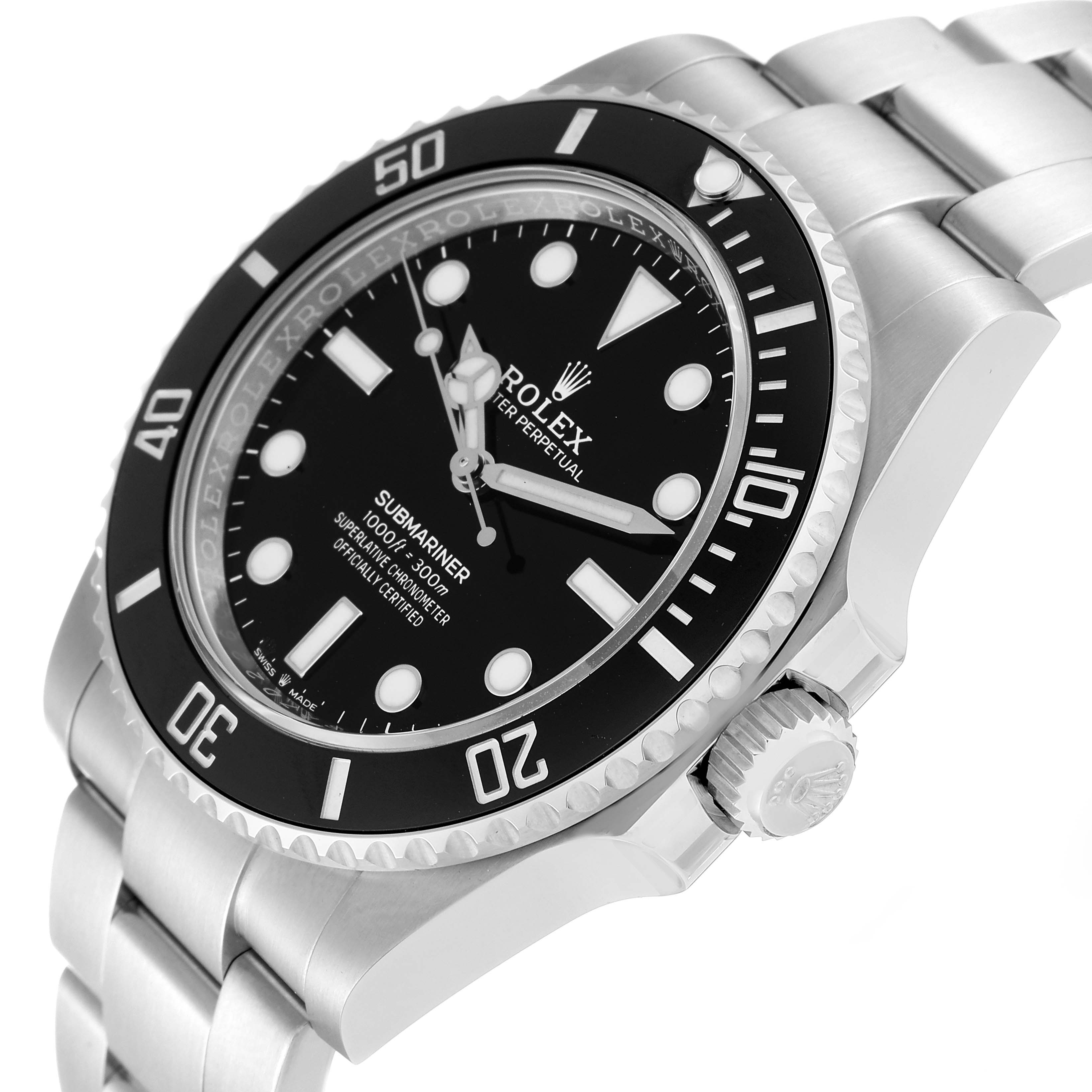 The image shows a close-up side angle of a Rolex Submariner 124060 Men
s Stainless Steel Black Dial 124060 Men
s Stainless Steel Black Dial watch, highlighting the bezel, crown, and part of the bracelet.