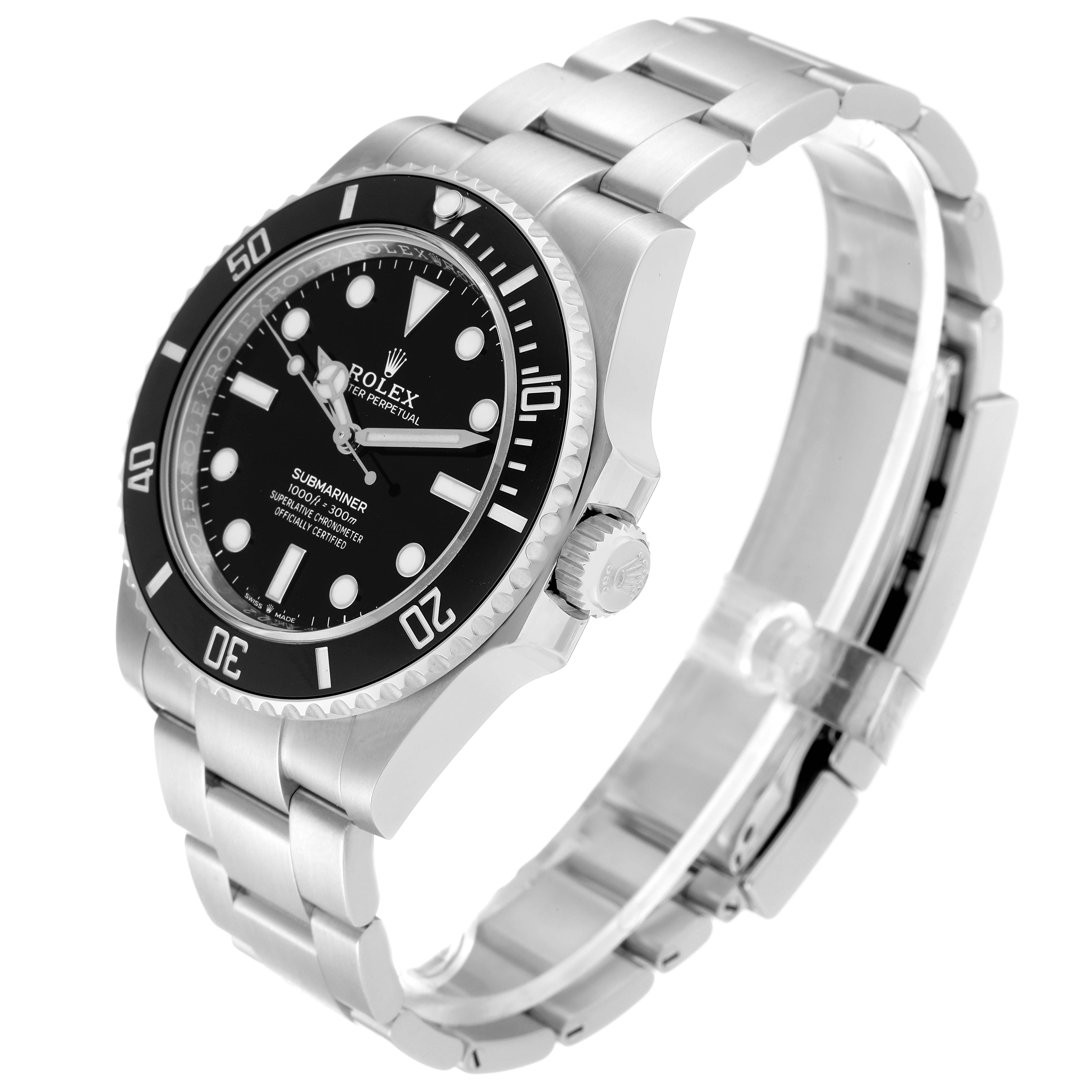 This image shows a side angle of the Rolex Submariner 124060 Men
s Stainless Steel Black Dial 124060 Men
s Stainless Steel Black Dial watch, highlighting its bezel, dial, crown, and bracelet.