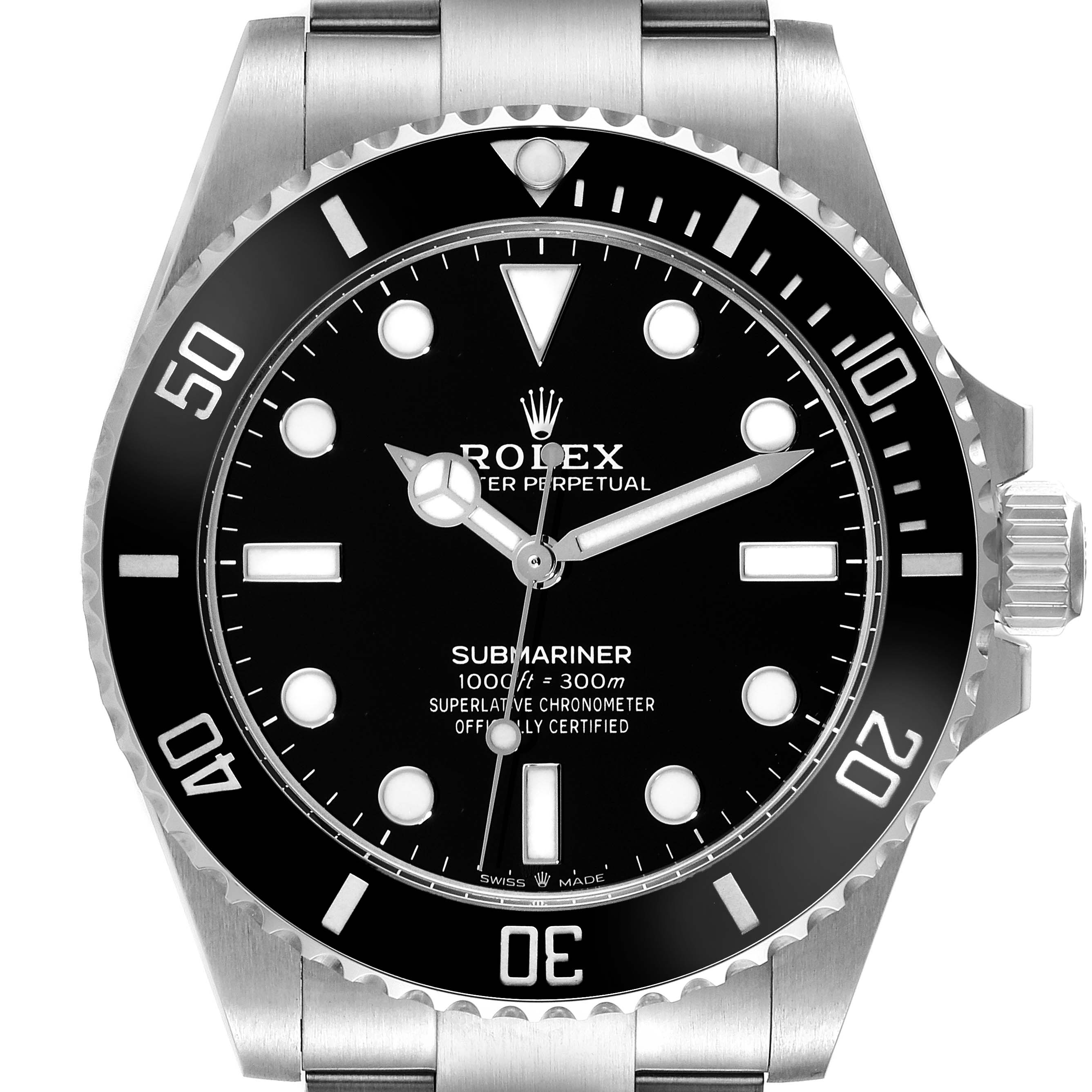 The image shows a front view of the Rolex Submariner 124060 Men
s Stainless Steel Black Dial 124060 Men
s Stainless Steel Black Dial watch, highlighting its dial, bezel, and crown.