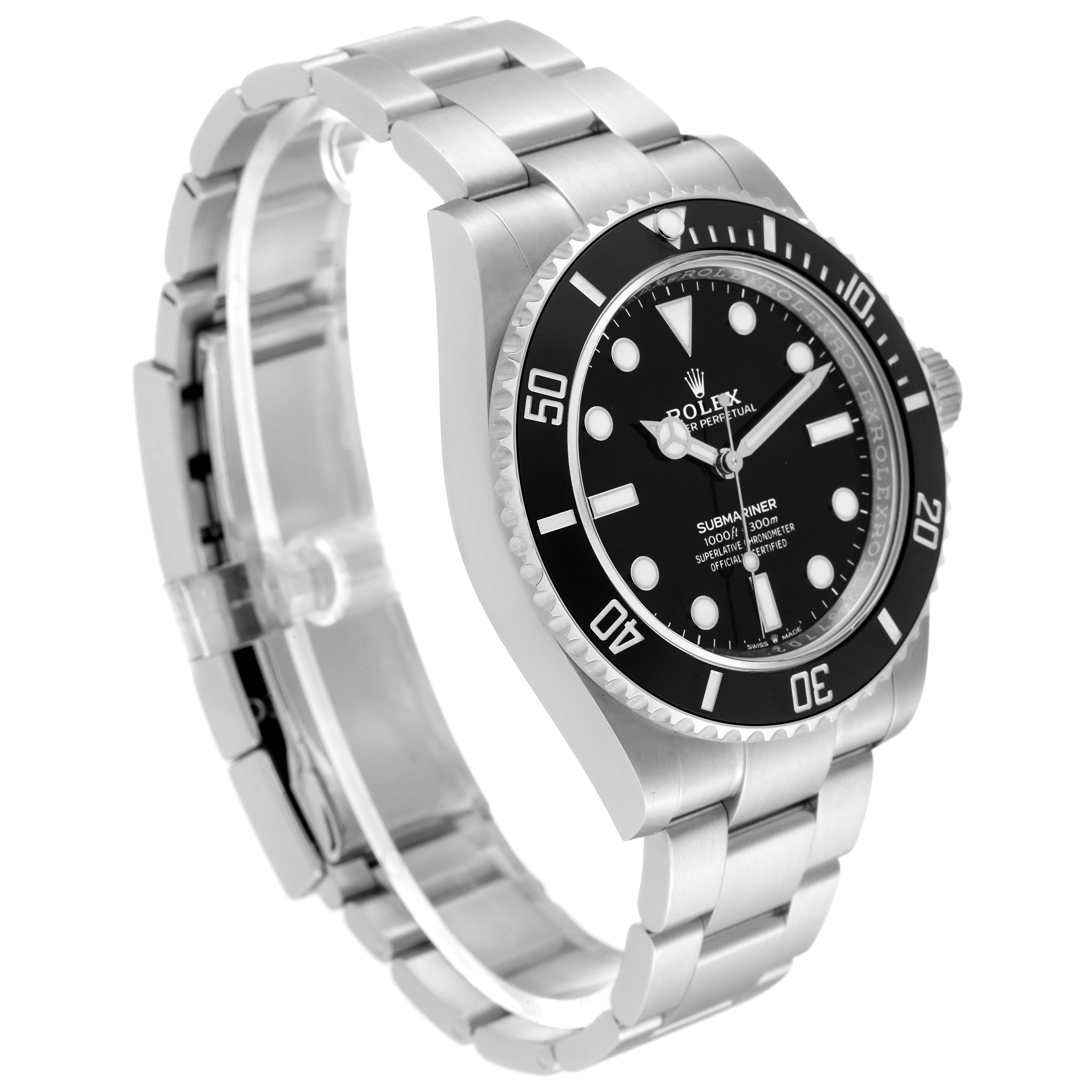 This image shows a side angle of a Rolex Submariner 124060 Men
s Stainless Steel Black Dial 124060 Men
s Stainless Steel Black Dial watch, highlighting the face, bezel, case, and stainless steel bracelet.
