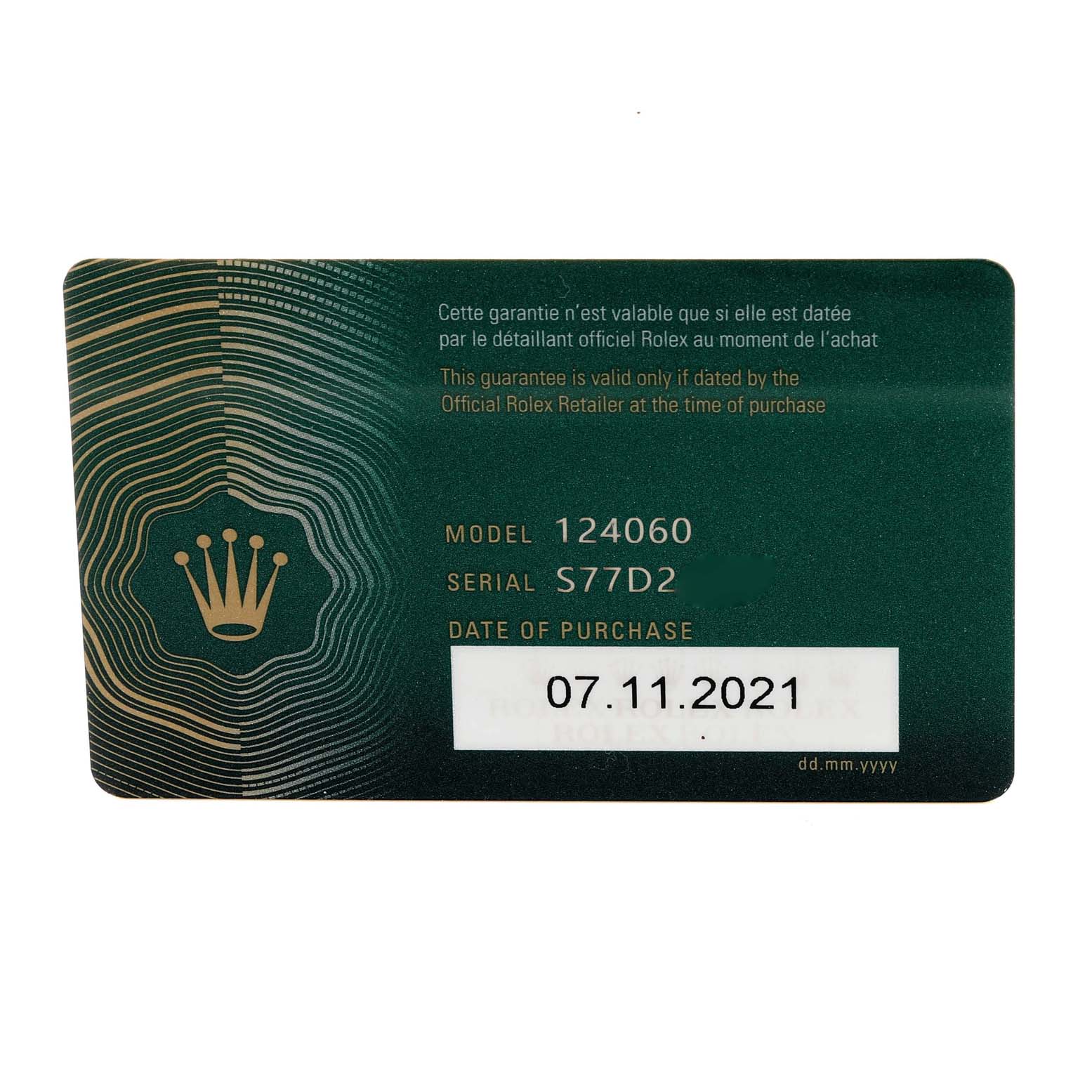 The image shows a warranty card for the Rolex Submariner 124060 Men
s Stainless Steel Black Dial 124060 Men
s Stainless Steel Black Dial model 124060, with purchase date 07.11.2021.