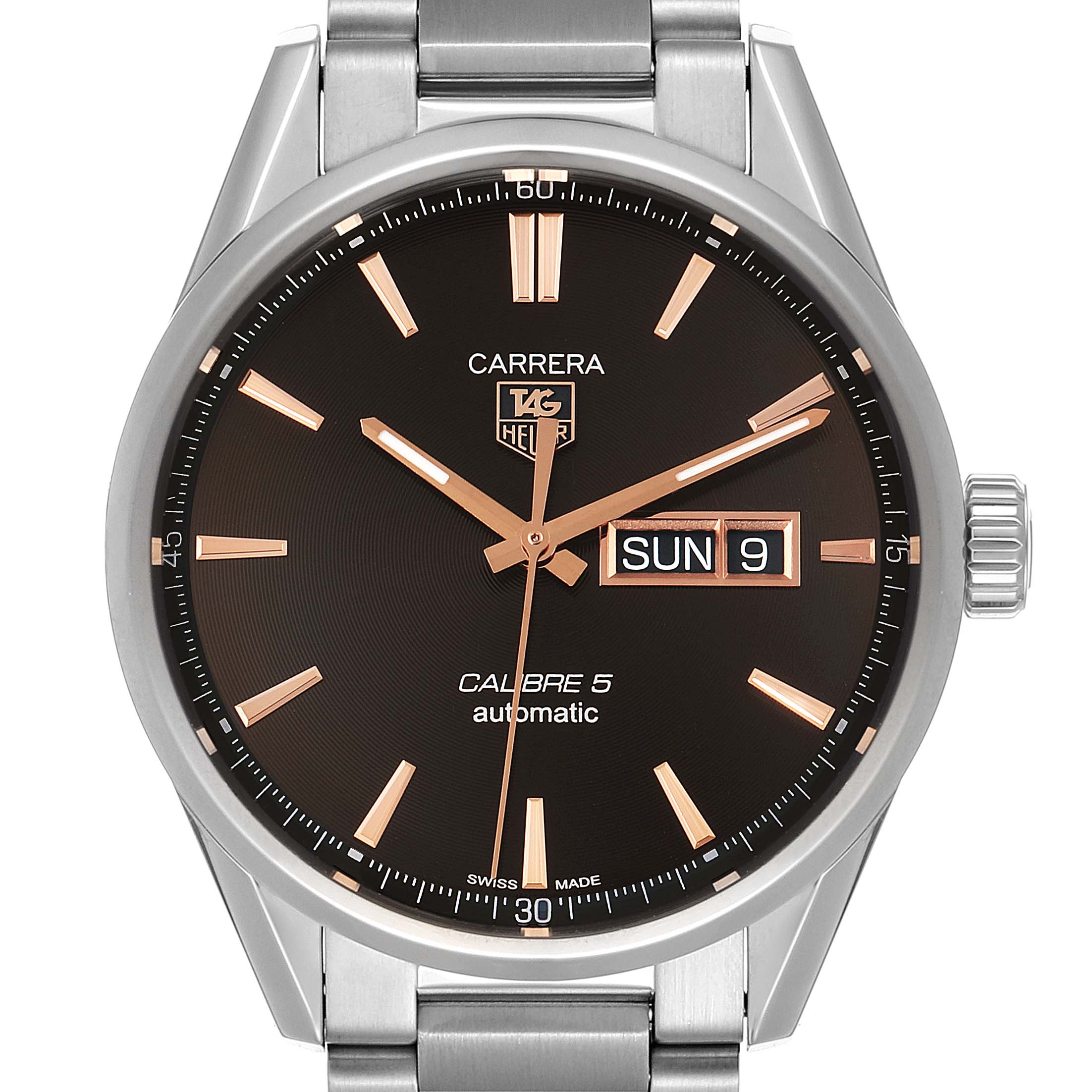 The image shows a front view of a Tag Heuer Carrera WAR201C.BA0723 Men
s Stainless Steel Black Dial WAR201C.BA0723 Men
s Stainless Steel Black Dial Calibre 5 automatic watch, highlighting the dial, hands, and day-date display.