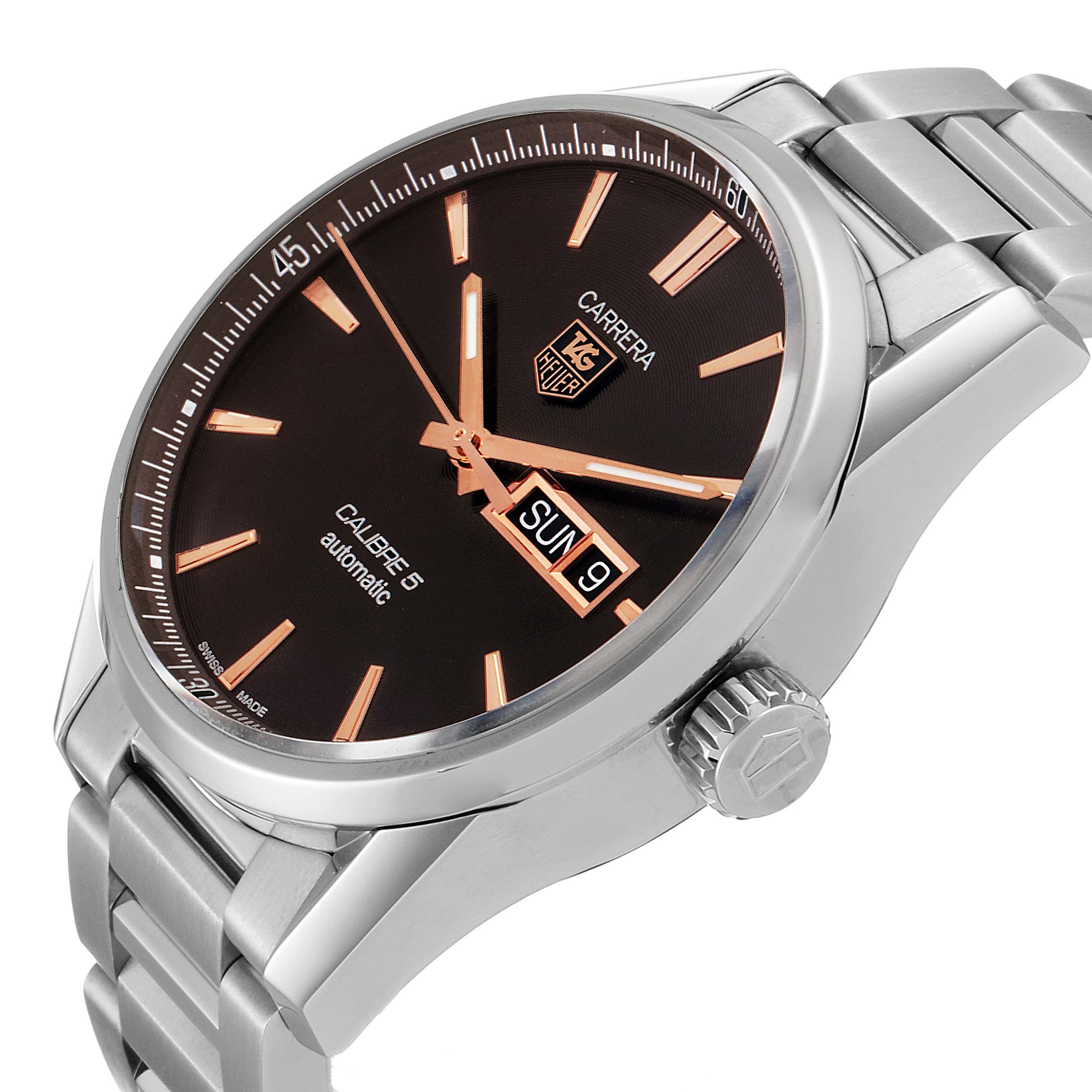 This image shows a side-angle view of the Tag Heuer Carrera WAR201C.BA0723 Men
s Stainless Steel Black Dial WAR201C.BA0723 Men
s Stainless Steel Black Dial watch, highlighting the face, bezel, crown, and metal bracelet.