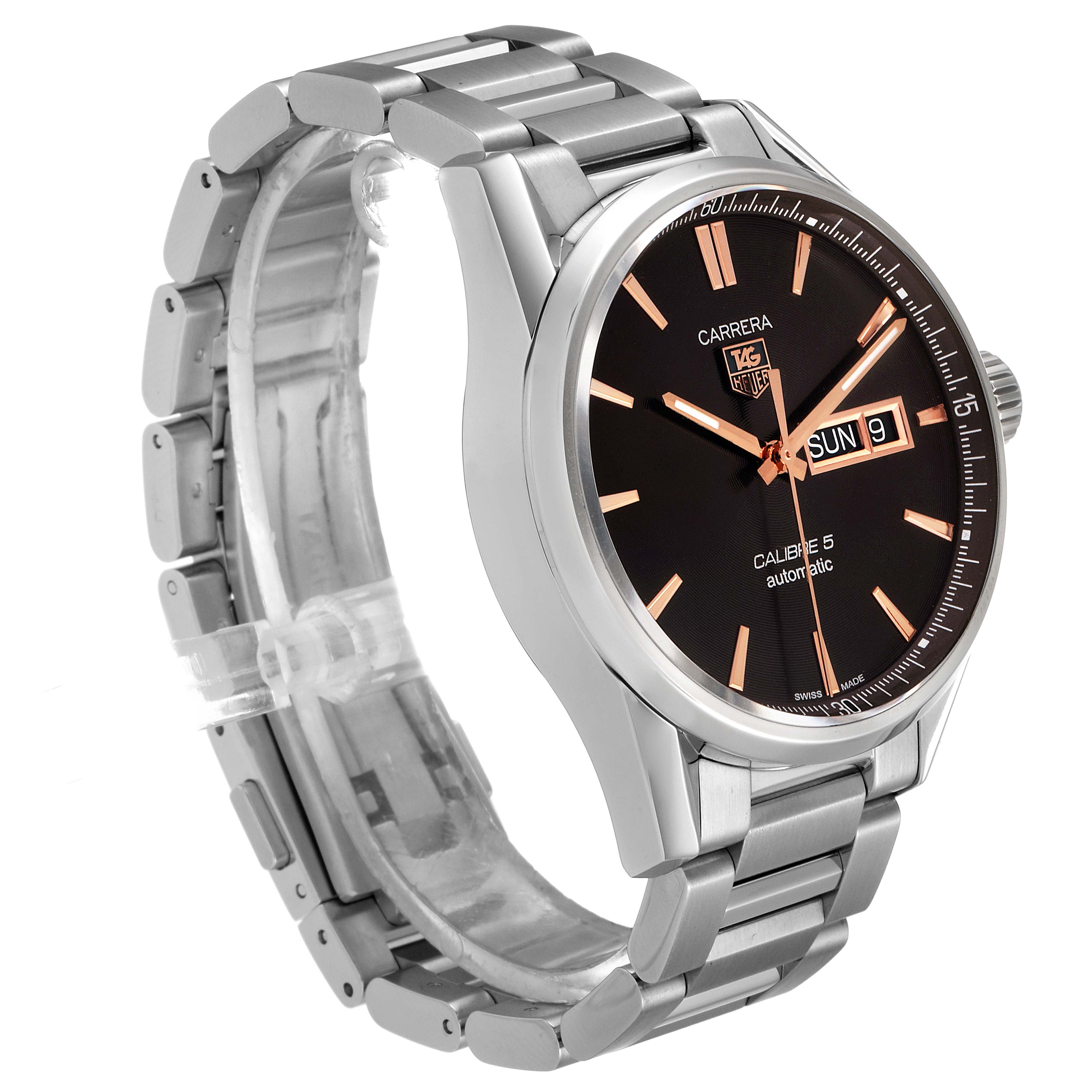 The image shows a Tag Heuer Carrera WAR201C.BA0723 Men
s Stainless Steel Black Dial WAR201C.BA0723 Men
s Stainless Steel Black Dial watch angled to display the face, bezel, crown, and metal bracelet.