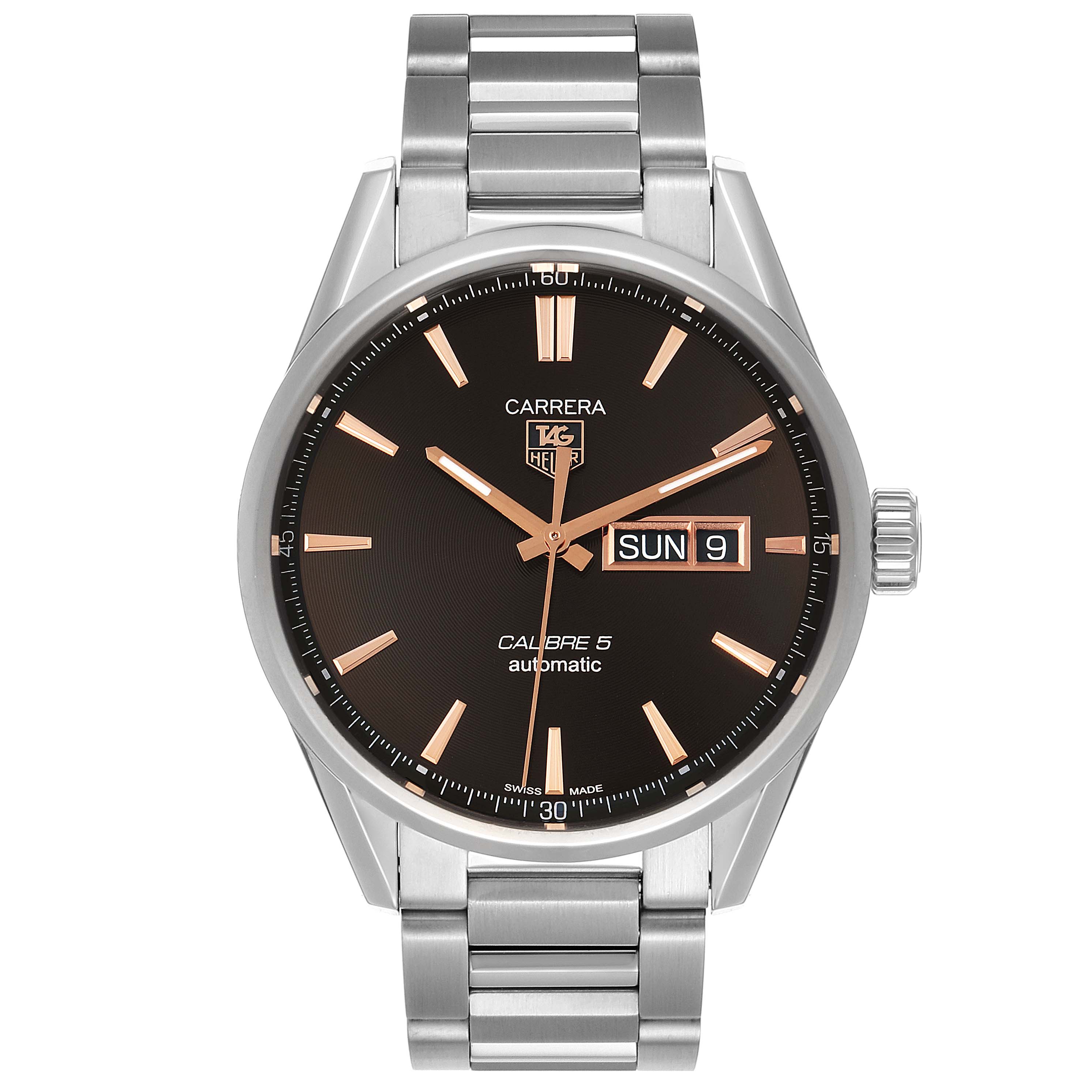 The image shows a front view of a Tag Heuer Carrera WAR201C.BA0723 Men
s Stainless Steel Black Dial WAR201C.BA0723 Men
s Stainless Steel Black Dial Calibre 5 Automatic watch with a metal bracelet.