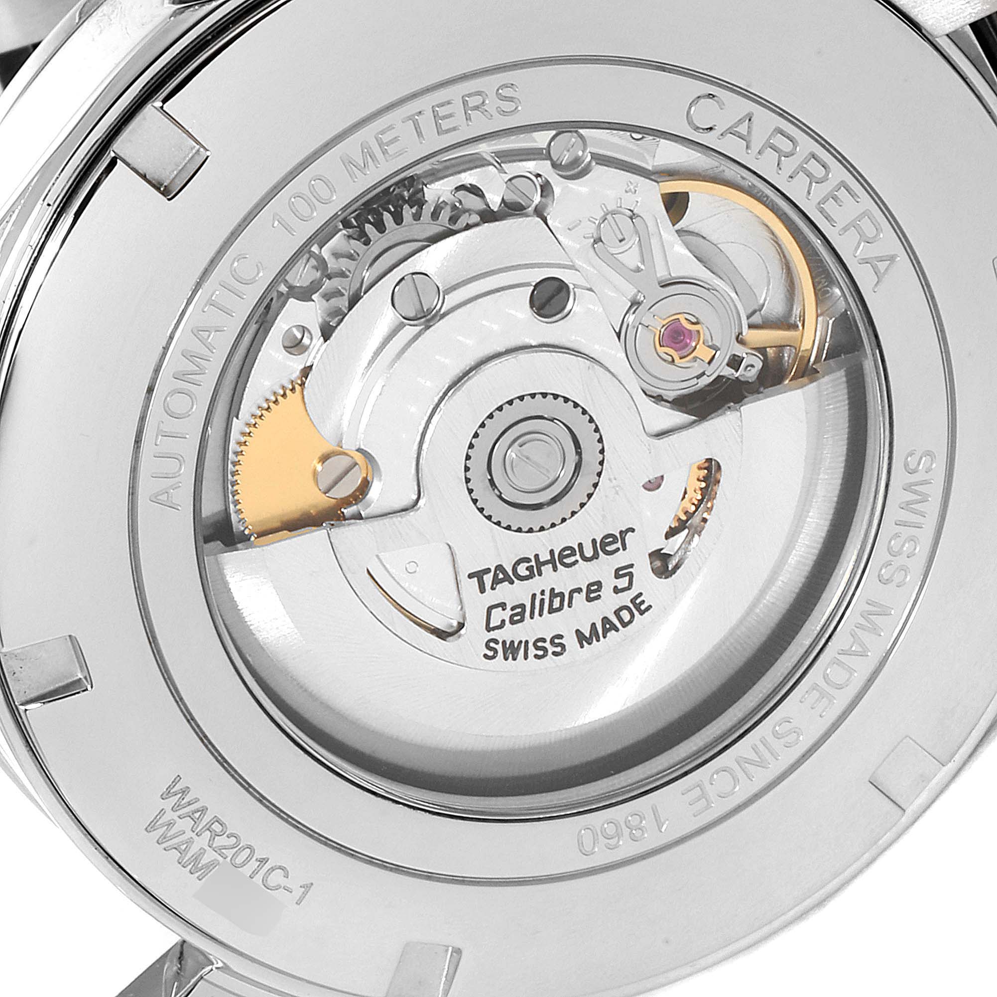 The image shows the back view of a Tag Heuer Carrera WAR201C.BA0723 Men
s Stainless Steel Black Dial WAR201C.BA0723 Men
s Stainless Steel Black Dial watch, revealing its internal mechanical movement.