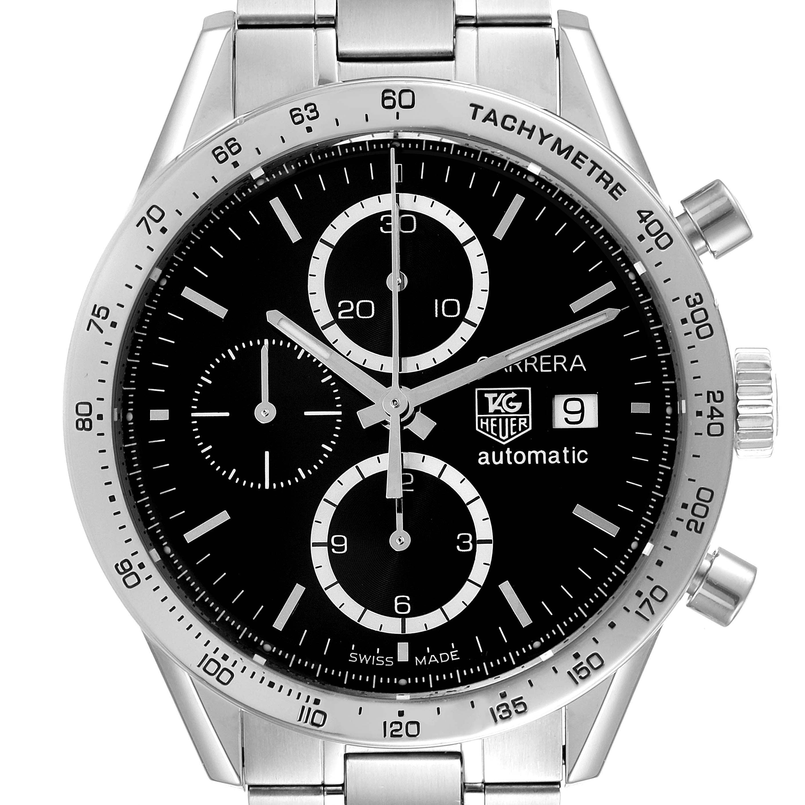 This Tag Heuer Carrera CV2016 Men's Stainless Steel Black Dial CV2016 Men's Stainless Steel Black Dial watch is shown in a front view, highlighting its black dial, subdials, and tachymeter bezel.