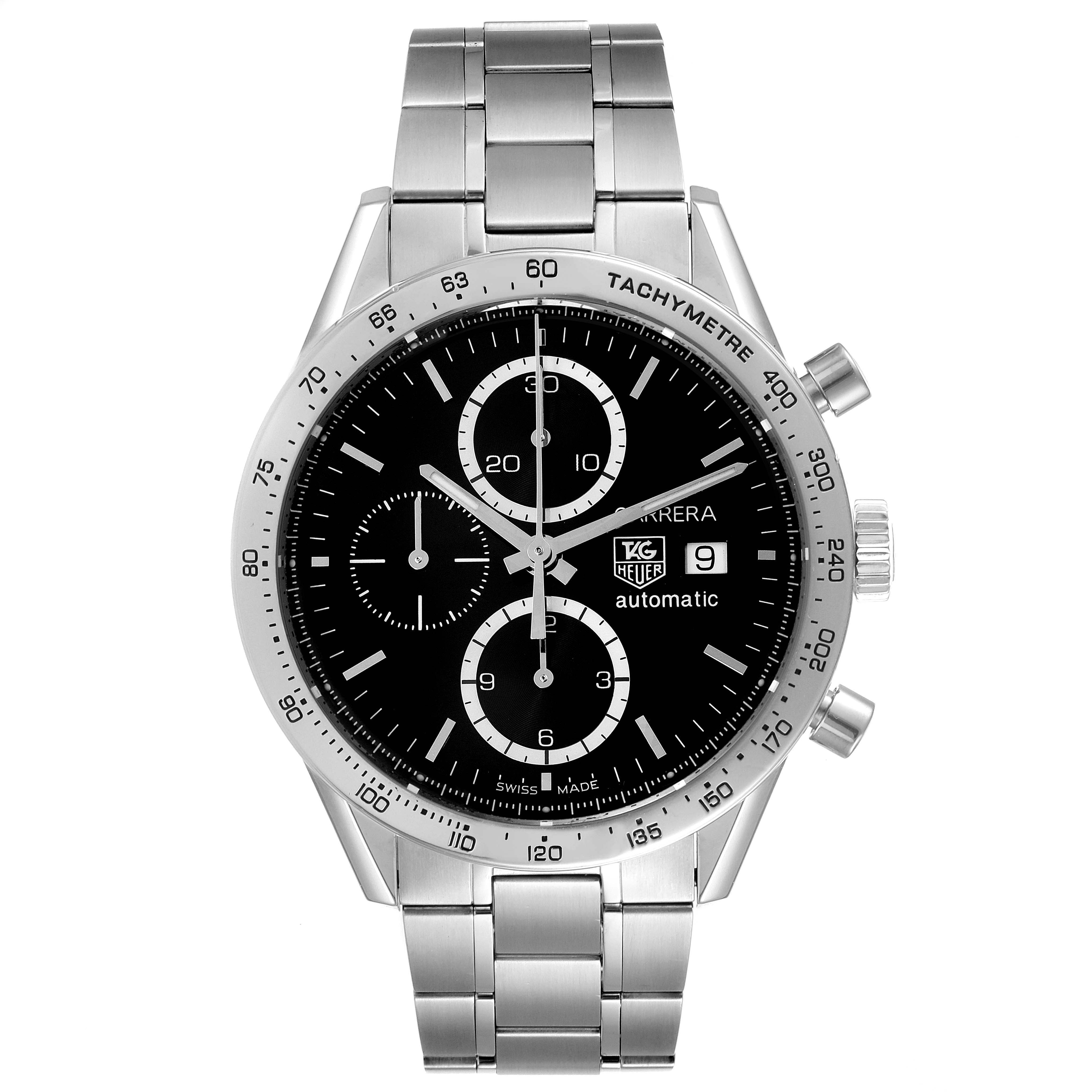 The image shows a front view of a Tag Heuer Carrera CV2016 Men's Stainless Steel Black Dial CV2016 Men's Stainless Steel Black Dial model watch with a black dial, subdials, date display, and stainless steel bracelet.