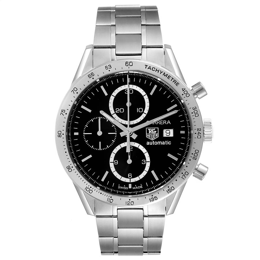 Tag Heuer Carrera Steel Black Dial Chronograph Mens Watch CV2016 Box Card SwissWatchExpo