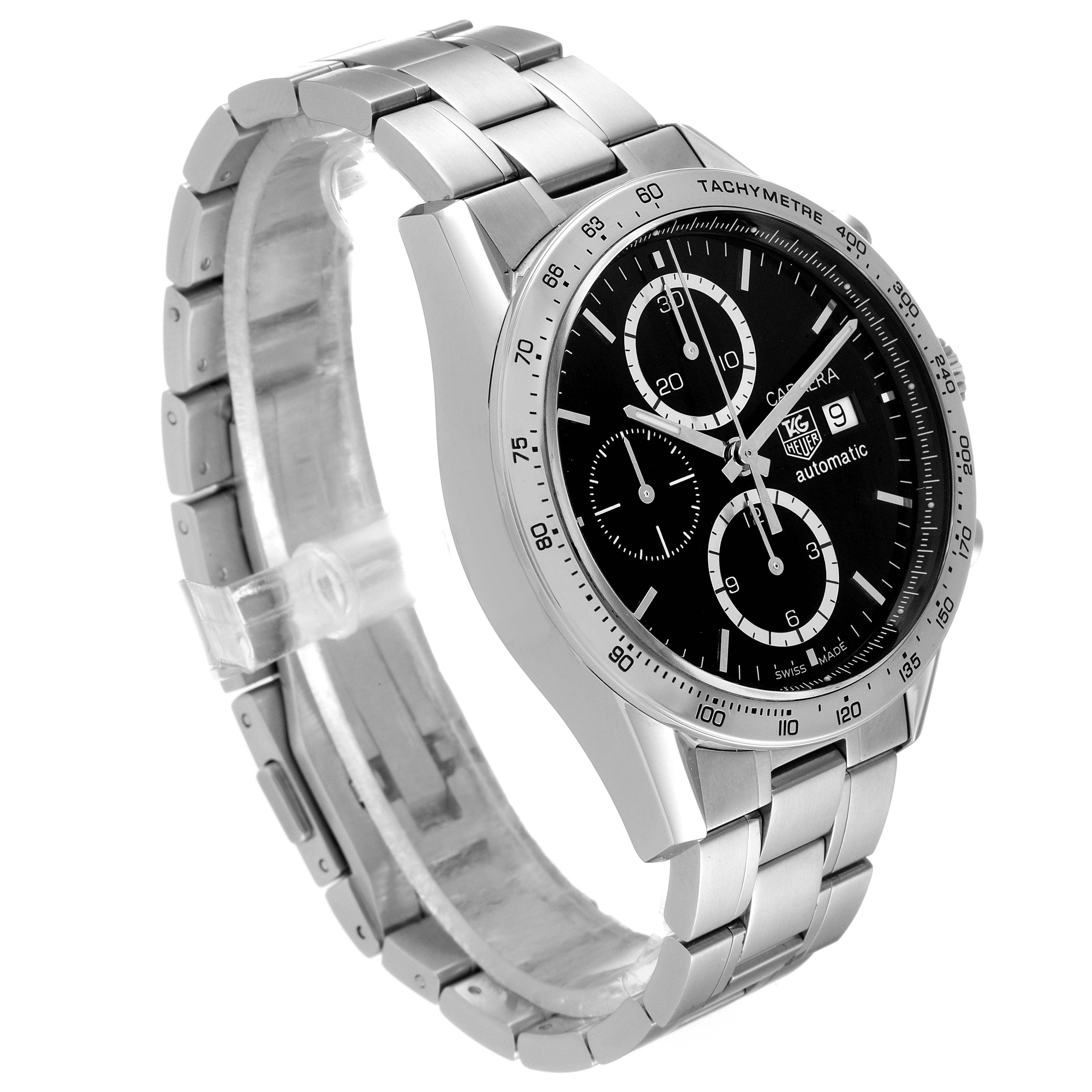 The image shows a side angle of the Tag Heuer Carrera CV2016 Men's Stainless Steel Black Dial CV2016 Men's Stainless Steel Black Dial watch, highlighting its stainless steel bracelet and black dial with chronograph sub-dials.