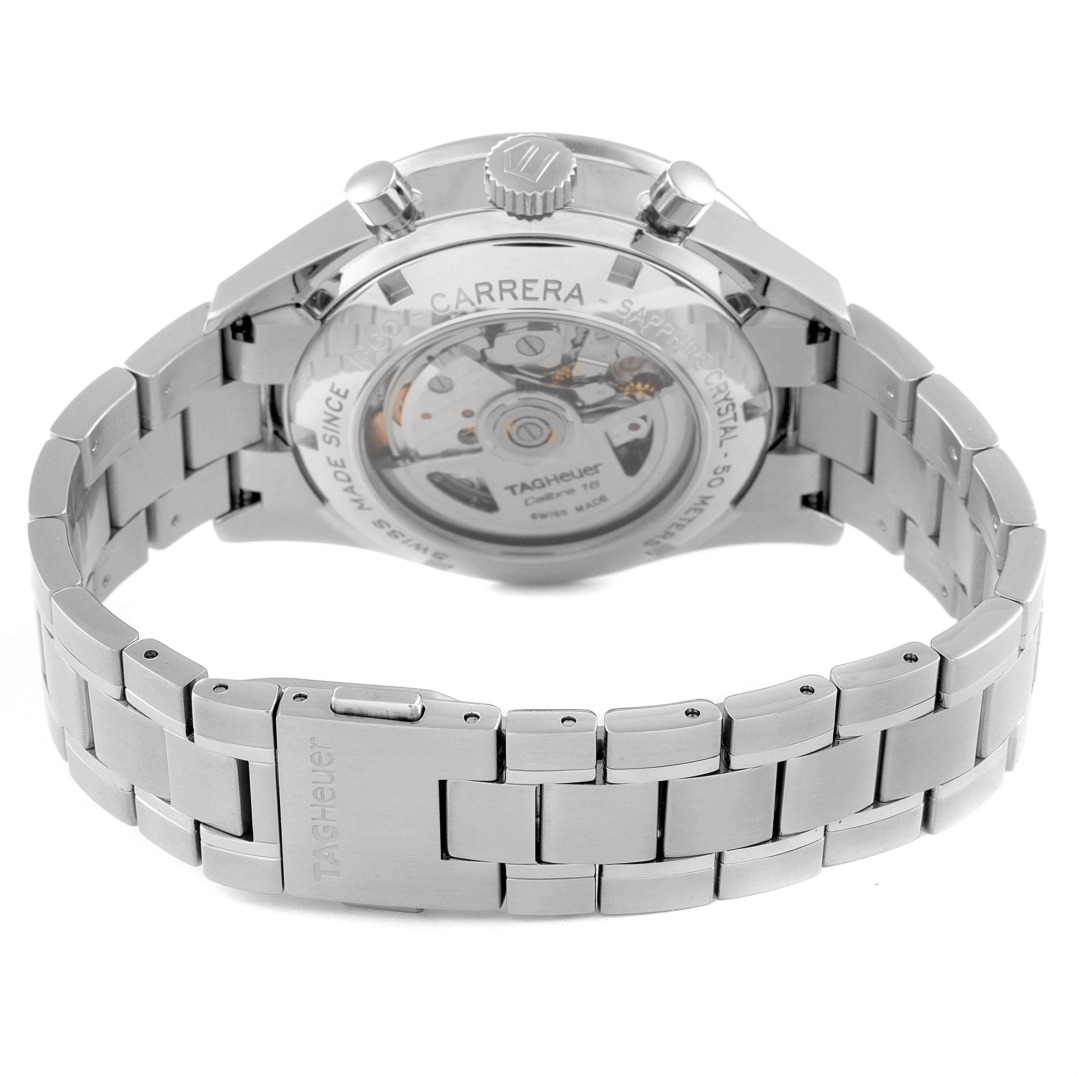 This image shows the back and bracelet of the Tag Heuer Carrera CV2016 Men's Stainless Steel Black Dial CV2016 Men's Stainless Steel Black Dial watch, highlighting the movement and branding.