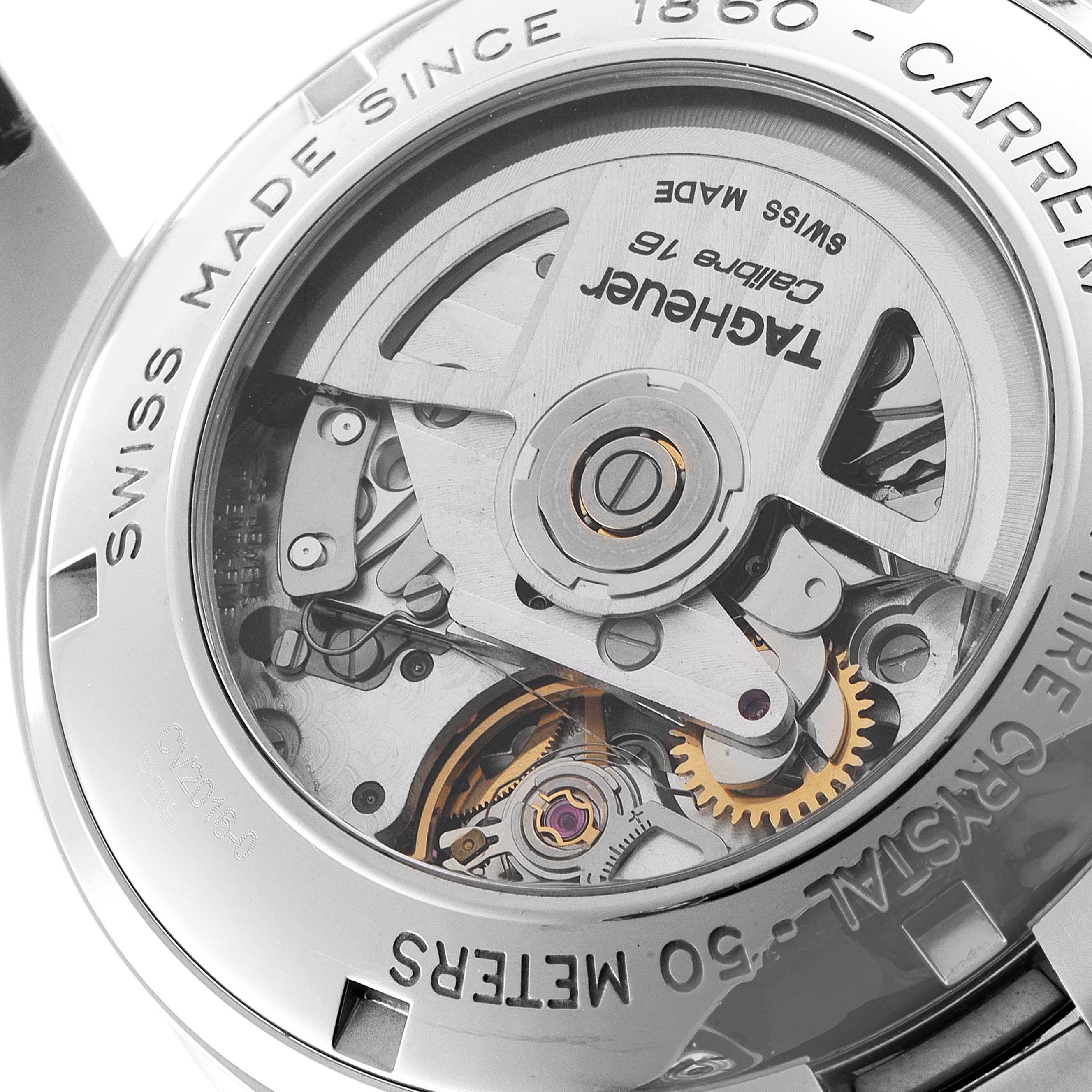 This image shows the back view of a Tag Heuer Carrera CV2016 Men's Stainless Steel Black Dial CV2016 Men's Stainless Steel Black Dial watch, highlighting its internal movement.