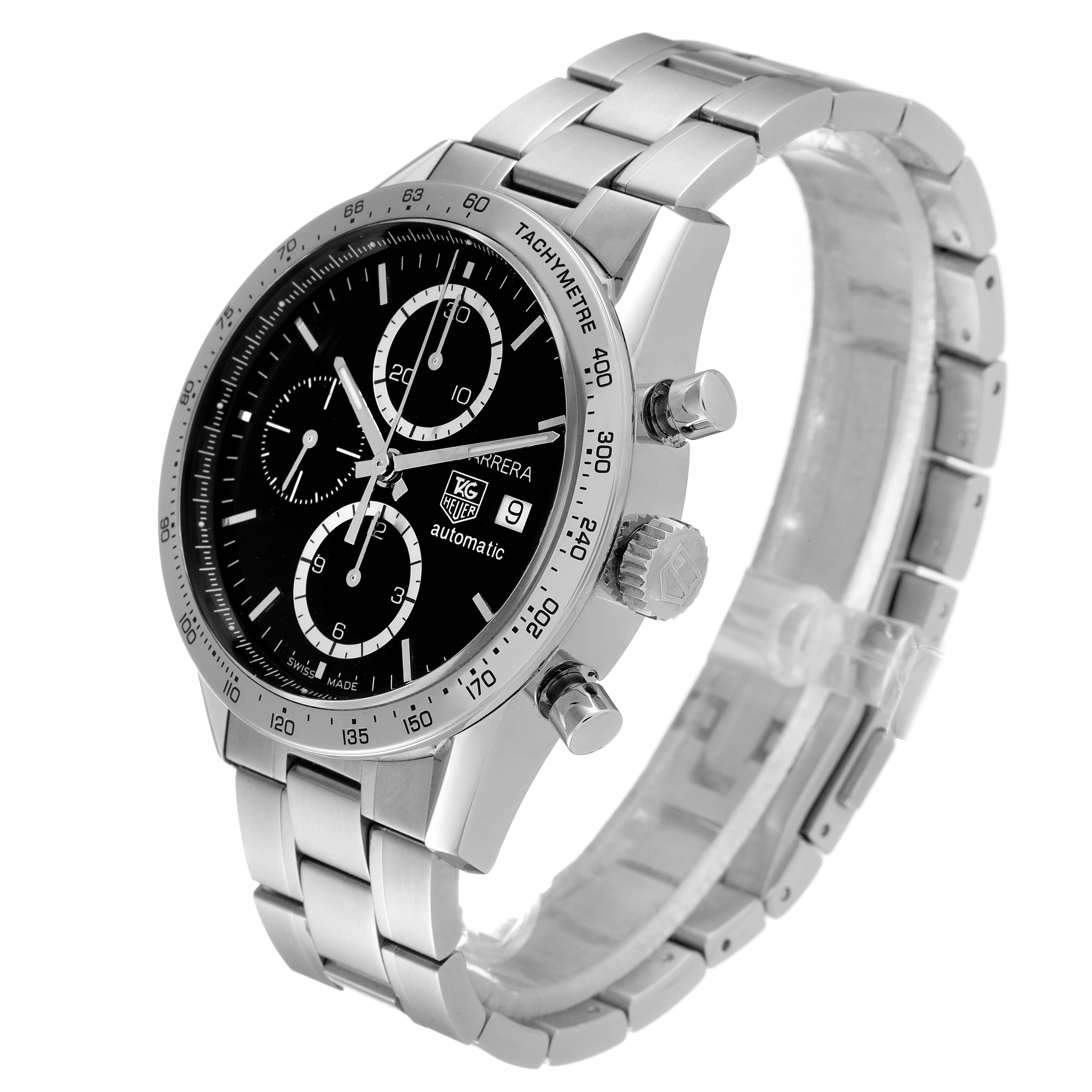 The image shows a Tag Heuer Carrera CV2016 Men's Stainless Steel Black Dial CV2016 Men's Stainless Steel Black Dial watch at a slight angled side view, highlighting its face, bezel, dial, and metal bracelet.