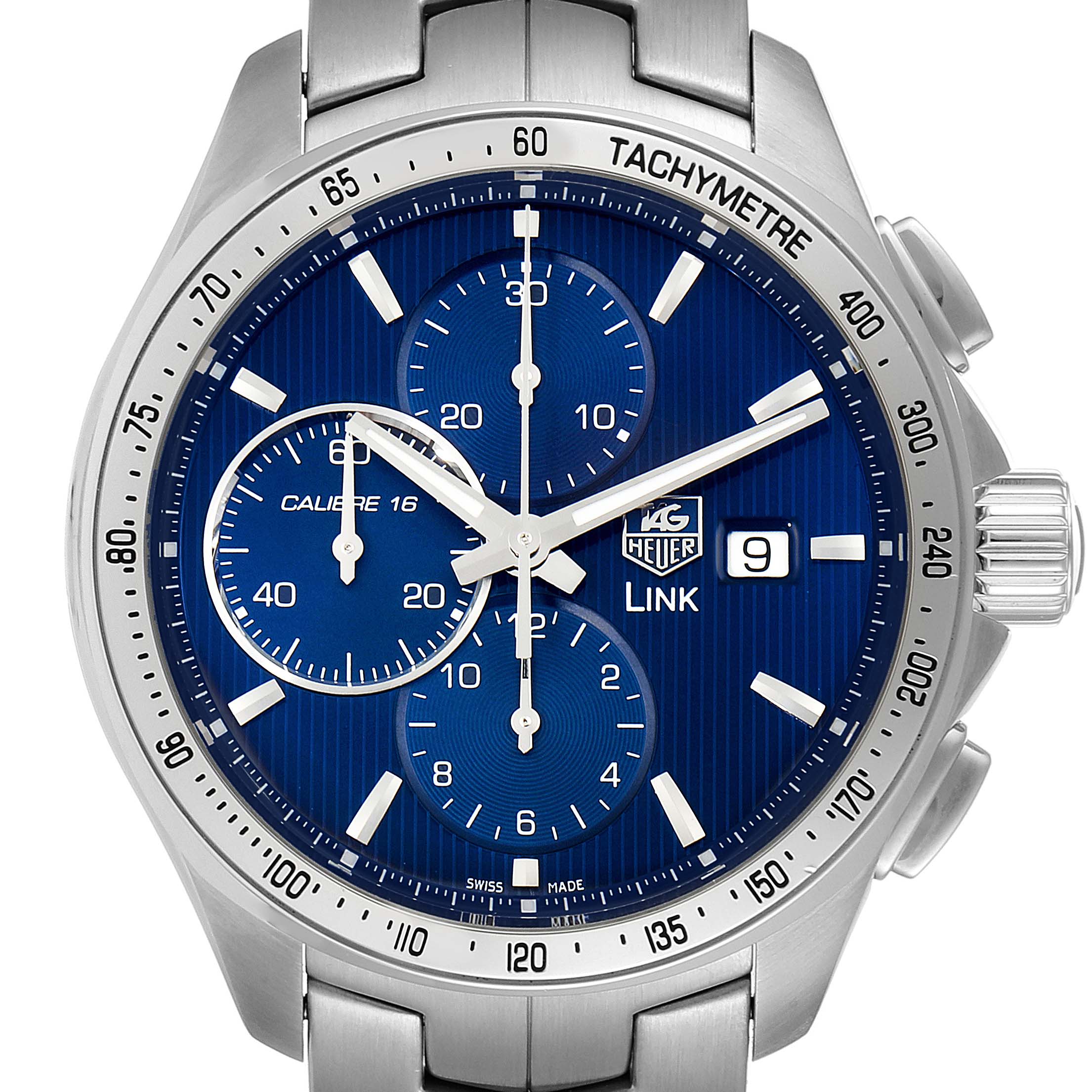 The image shows a front view of the Tag Heuer Link CAT2015.BA0952 Men's Stainless Steel Blue Dial CAT2015.BA0952 Men's Stainless Steel Blue Dial model watch featuring a blue dial with three subdials and a date window.