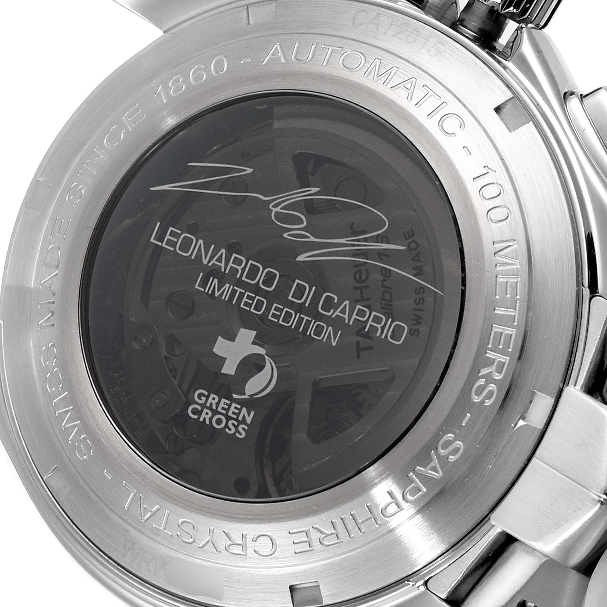 The image shows the back case of a Tag Heuer Link CAT2015.BA0952 Men's Stainless Steel Blue Dial CAT2015.BA0952 Men's Stainless Steel Blue Dial model watch, specifically a Leonardo Di Caprio Limited Edition.