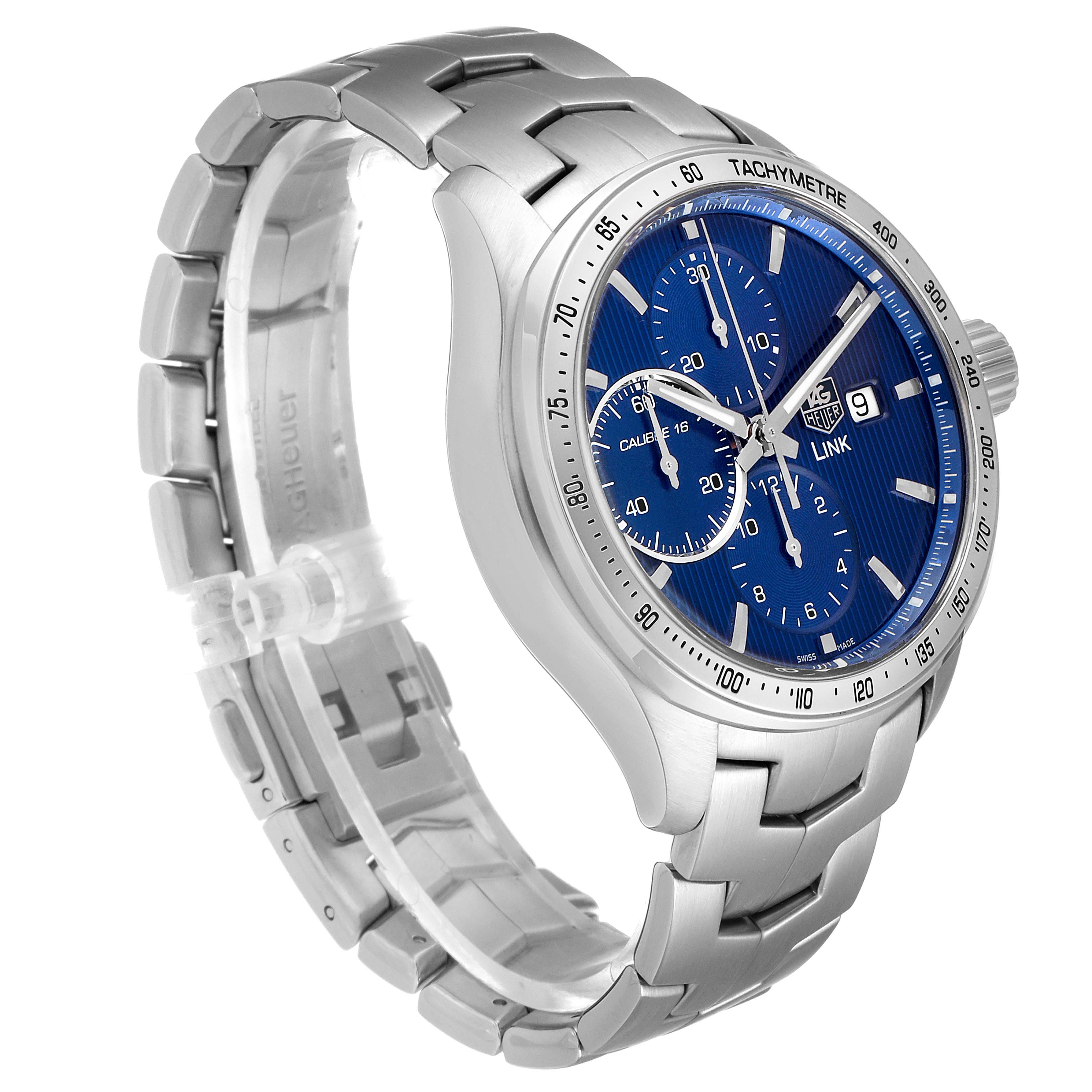 This image shows a Tag Heuer Link CAT2015.BA0952 Men's Stainless Steel Blue Dial CAT2015.BA0952 Men's Stainless Steel Blue Dial watch at a three-quarter angle, highlighting its blue dial and stainless steel bracelet.