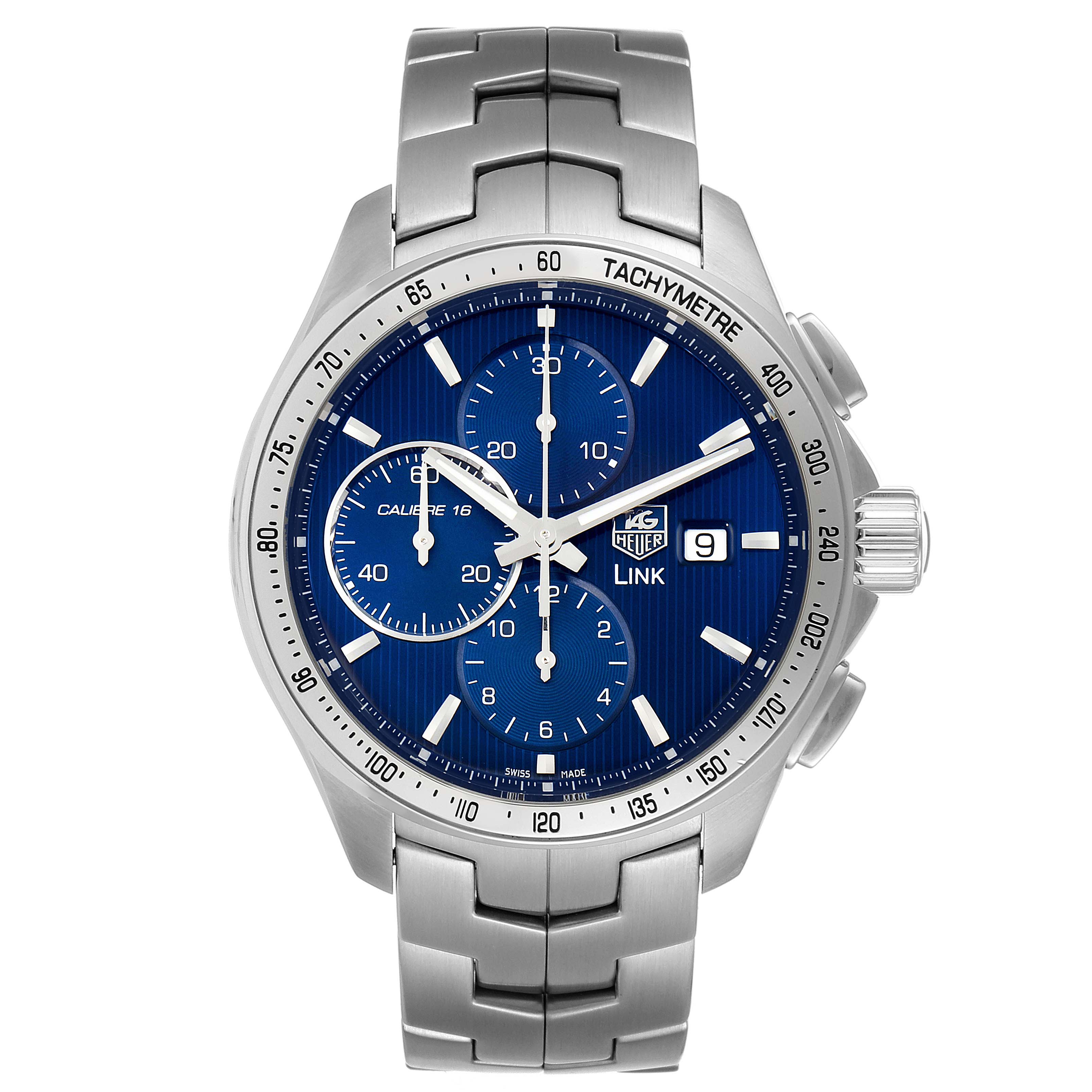 The image shows a front view of the Tag Heuer Link CAT2015.BA0952 Men's Stainless Steel Blue Dial CAT2015.BA0952 Men's Stainless Steel Blue Dial model watch with a blue dial and metal bracelet.