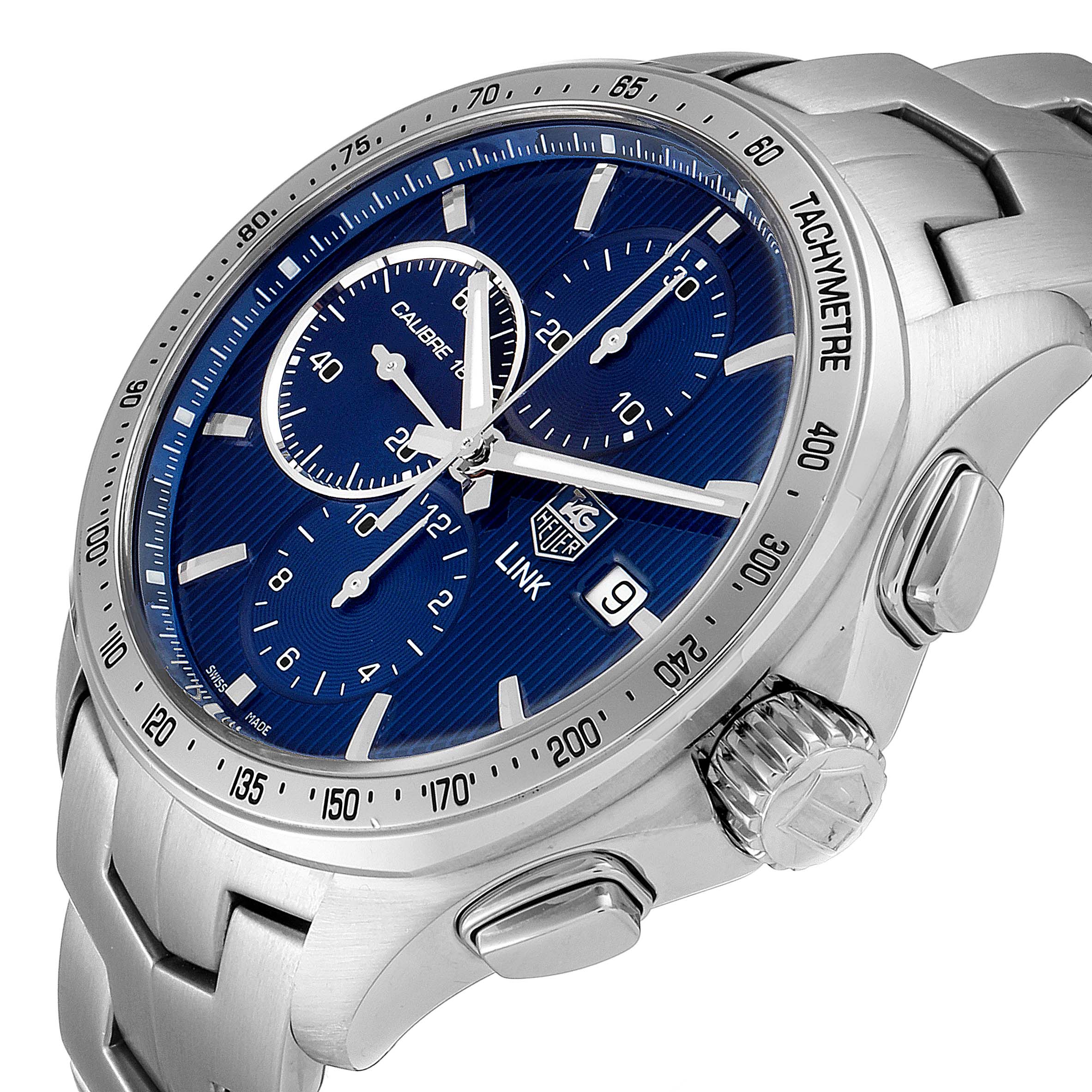 This image shows a side angle of the Tag Heuer Link CAT2015.BA0952 Men's Stainless Steel Blue Dial CAT2015.BA0952 Men's Stainless Steel Blue Dial watch, highlighting the crown, chronograph buttons, and blue dial.