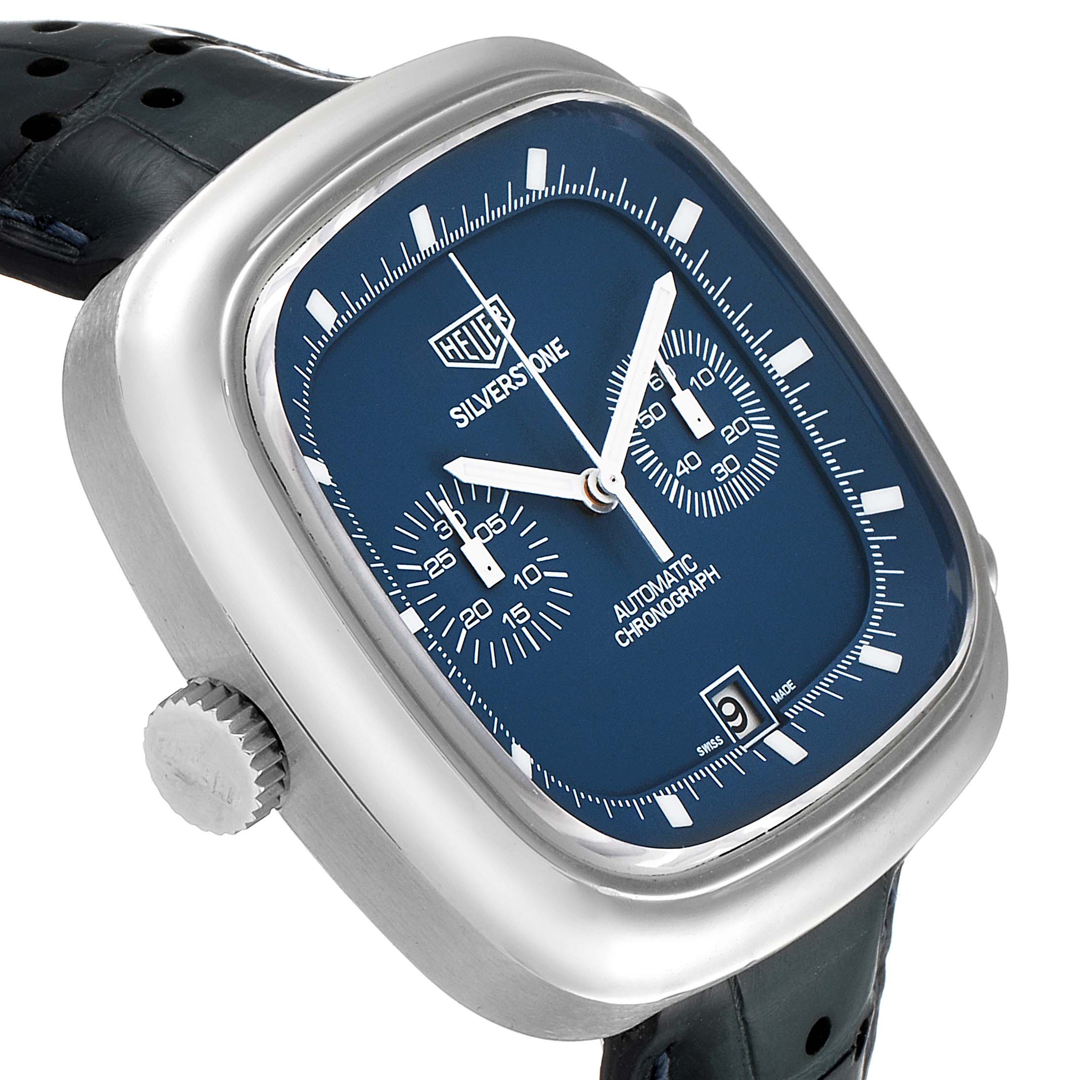 This is a close-up angled view of the Tag Heuer Silverstone Limited Edition watch, showing the face, bezel, crown, and strap.