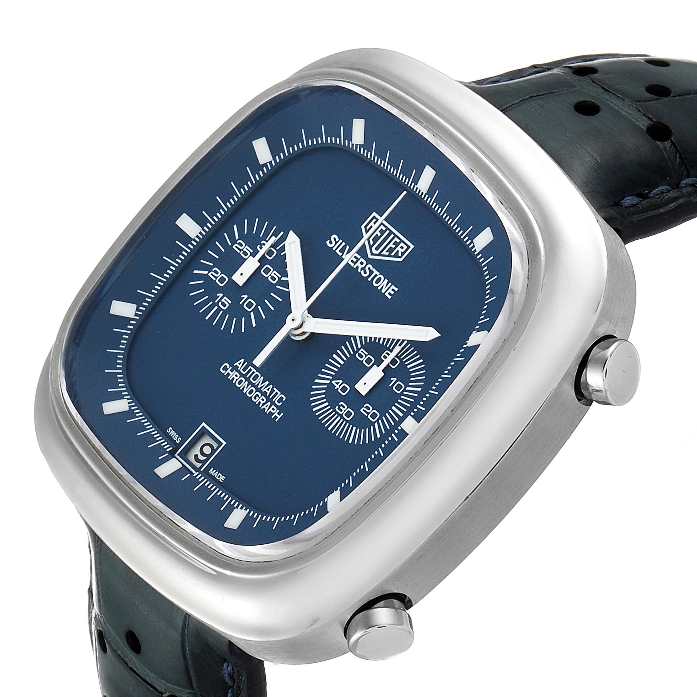 This image displays a Tag Heuer Silverstone Limited Edition watch at an angled side view, showing its face, bezel, and buttons.