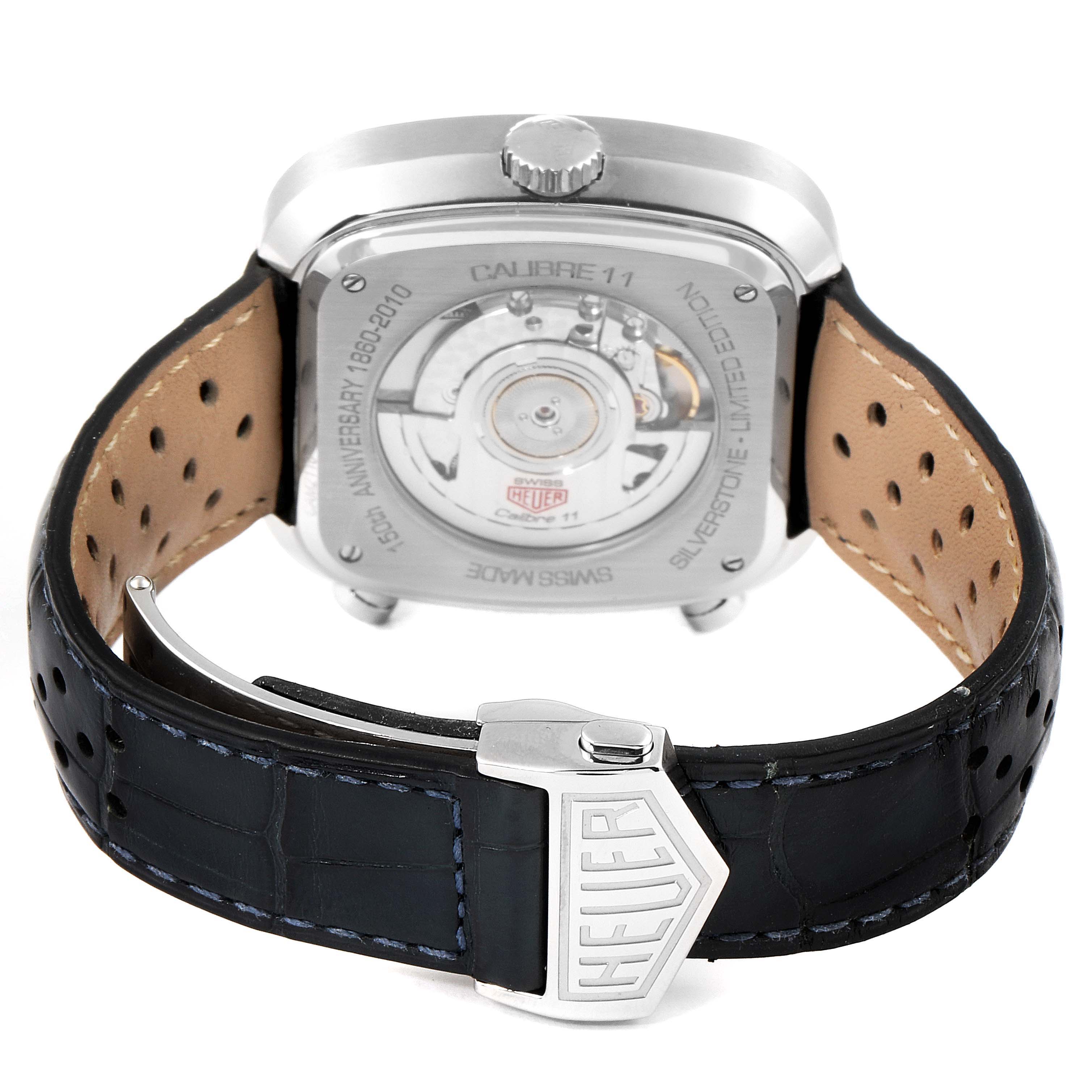 The image shows the back view and clasp of the Limited Edition Tag Heuer Silverstone Calibre 11 watch.