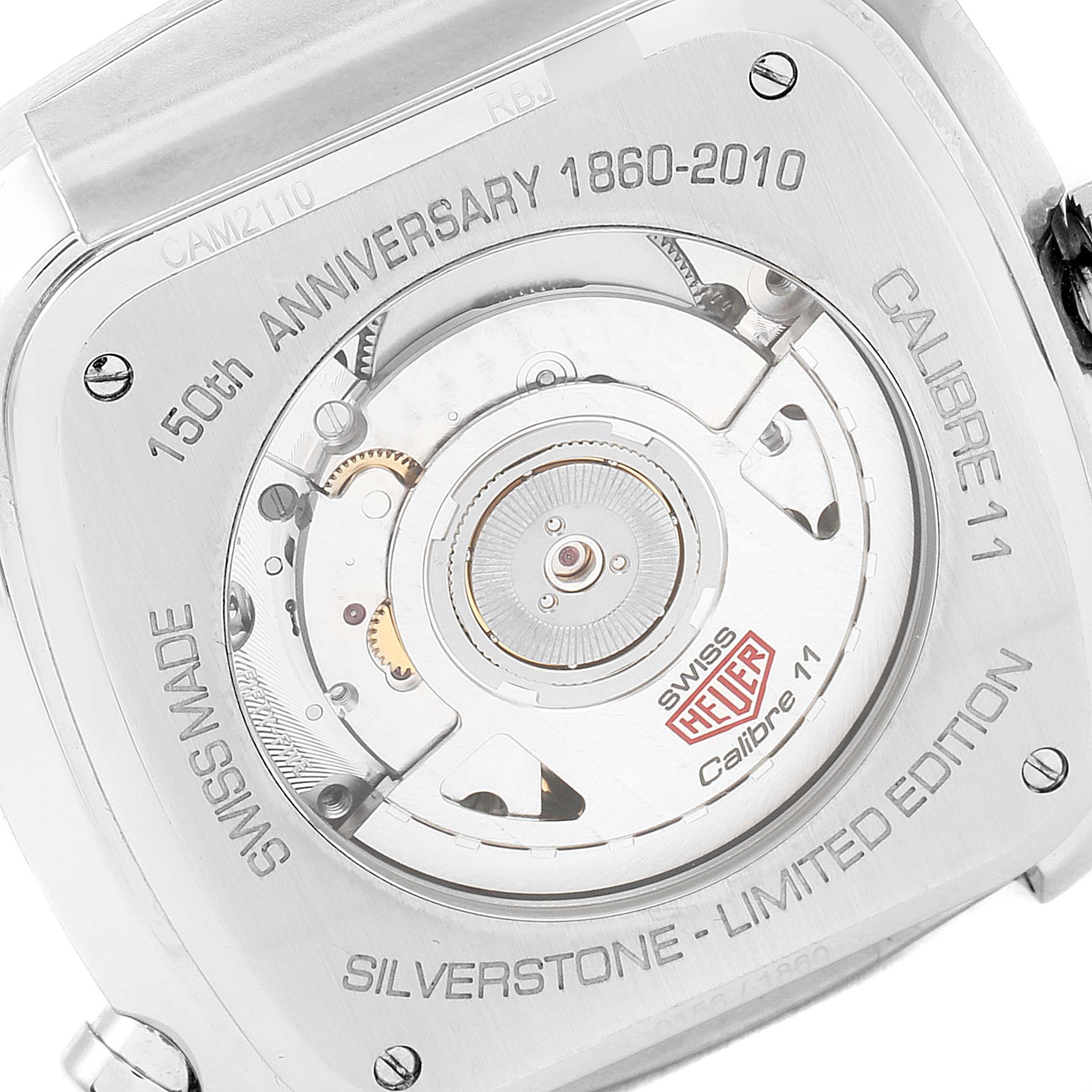 The image shows the back of the Tag Heuer Silverstone Limited Edition watch, highlighting the Calibre 11 movement.