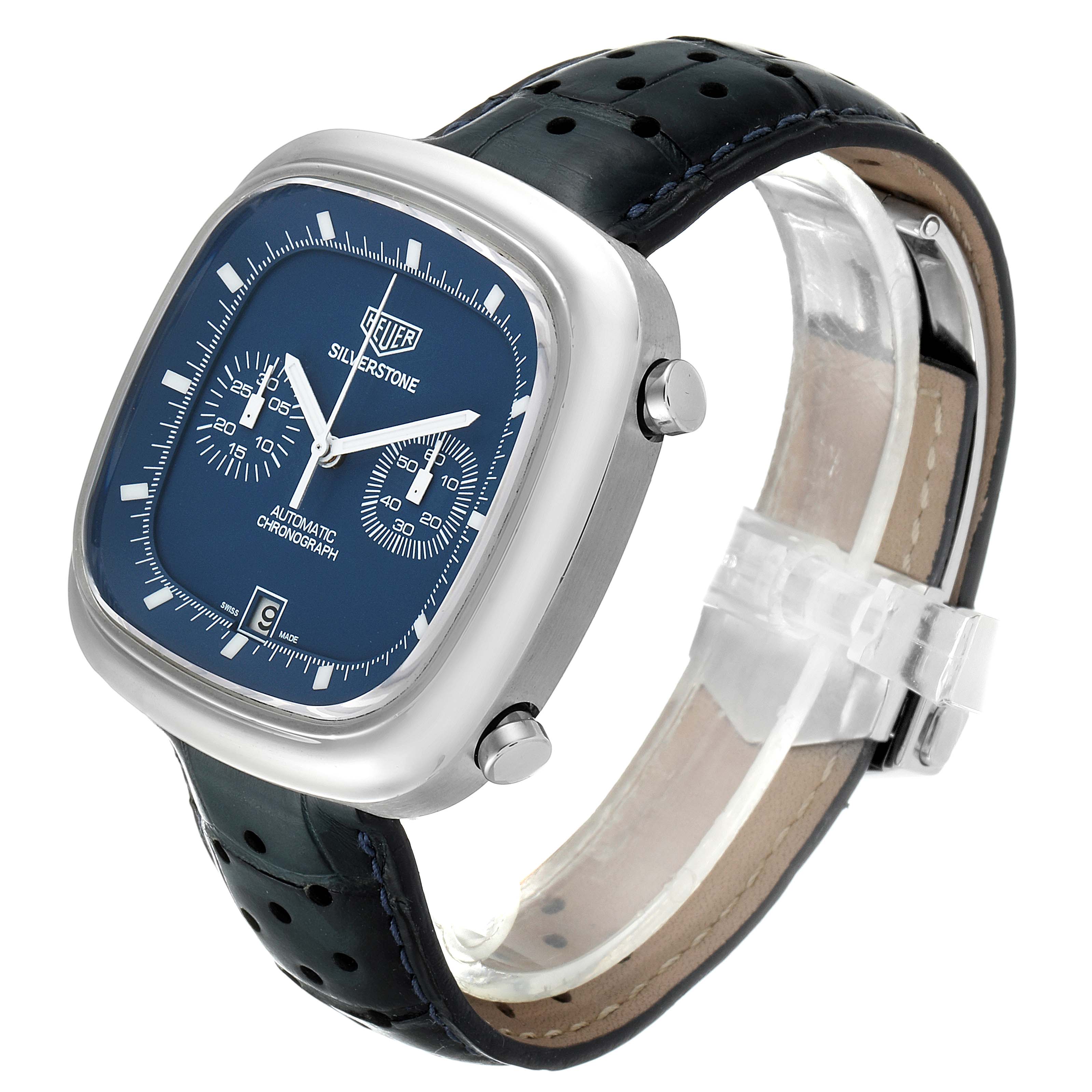 The image shows a side-angle view of the Tag Heuer Limited Edition CAM2110.FC6258 Men's Stainless Steel Blue Dial CAM2110.FC6258 Men's Stainless Steel Blue Dial Silverstone watch, highlighting its face, case, and band.